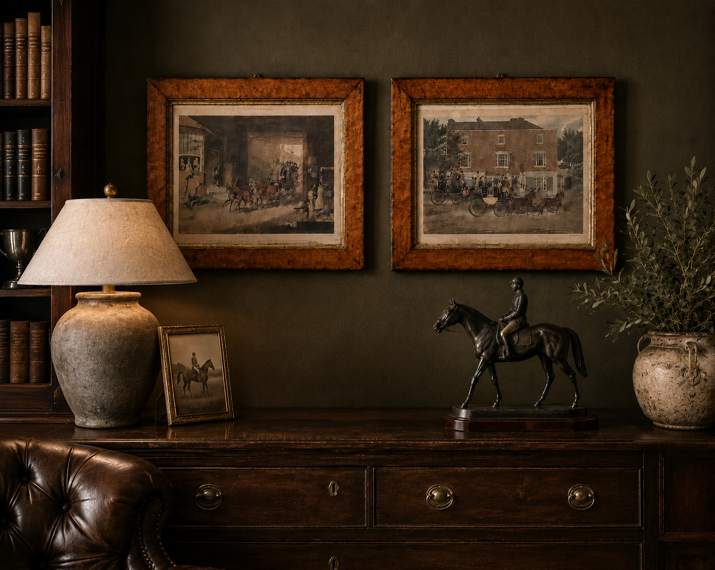 Pair of Antique English Coaching Prints in Birdseye Maple Frames | c.1823