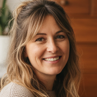 A smiling woman with shoulder-length blonde hair and bangs, indoors with a wooden background.