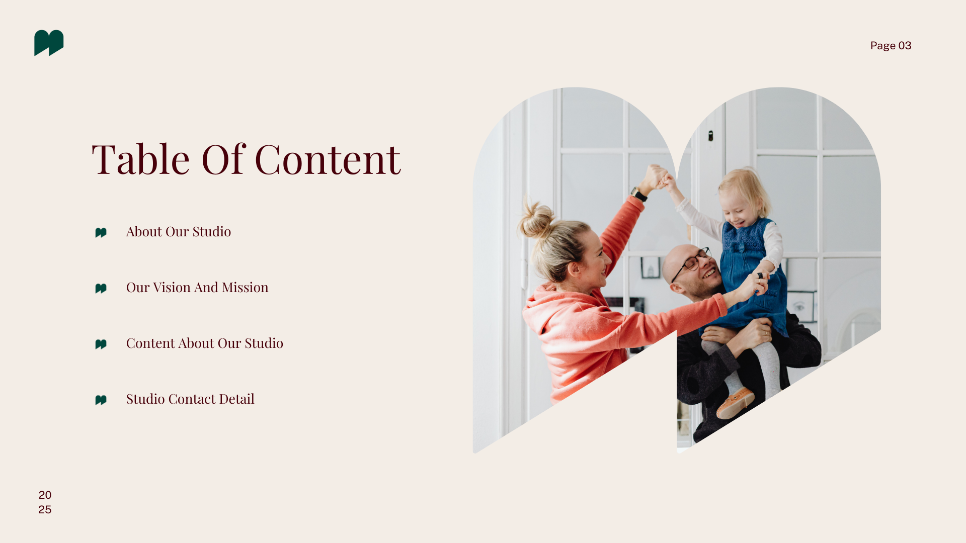 Slide titled 'Table Of Content' with a list of four items on a beige background and a photo of a family playing inside, where a woman and a man are holding a young girl between them.