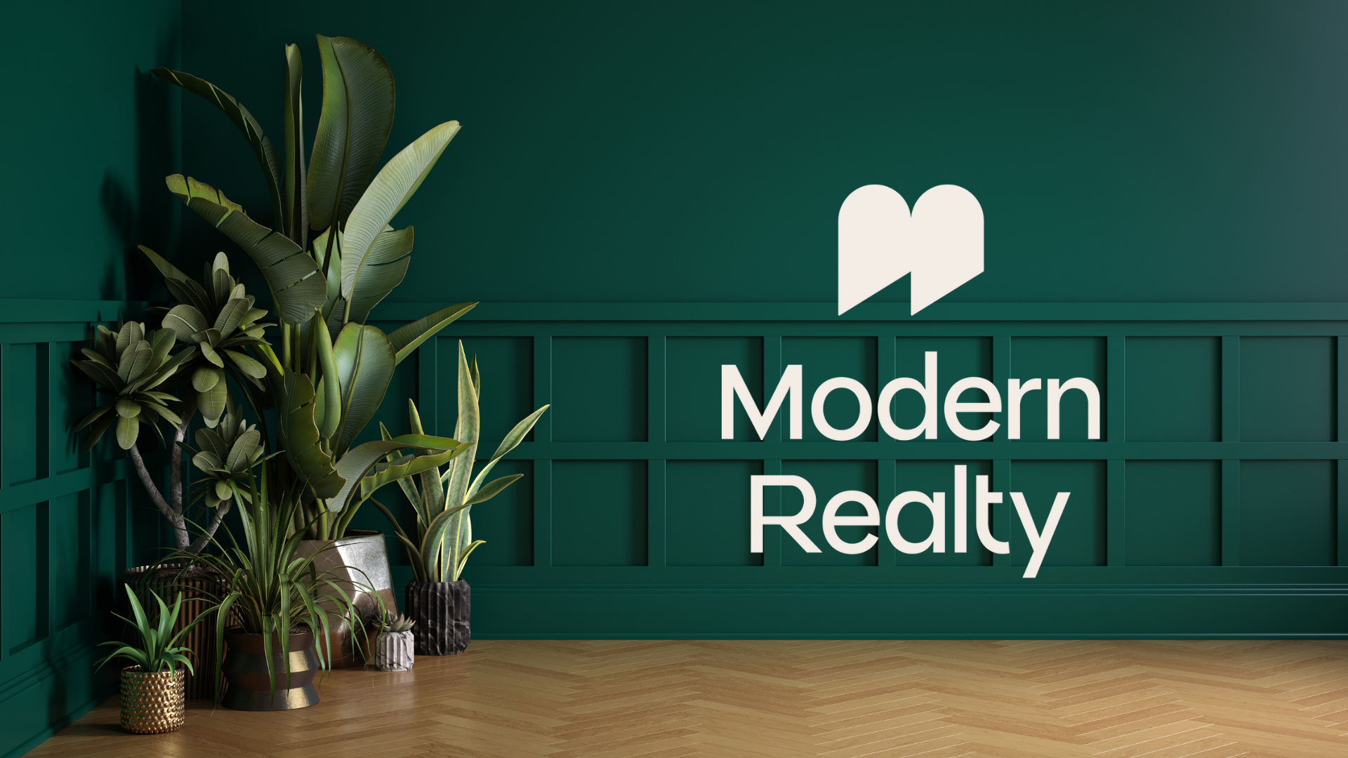 Interior of a modern real estate office with a green wall, wooden floor, and an arrangement of green potted plants on the left. White logo and text reading 'Modern Realty' on the right wall.