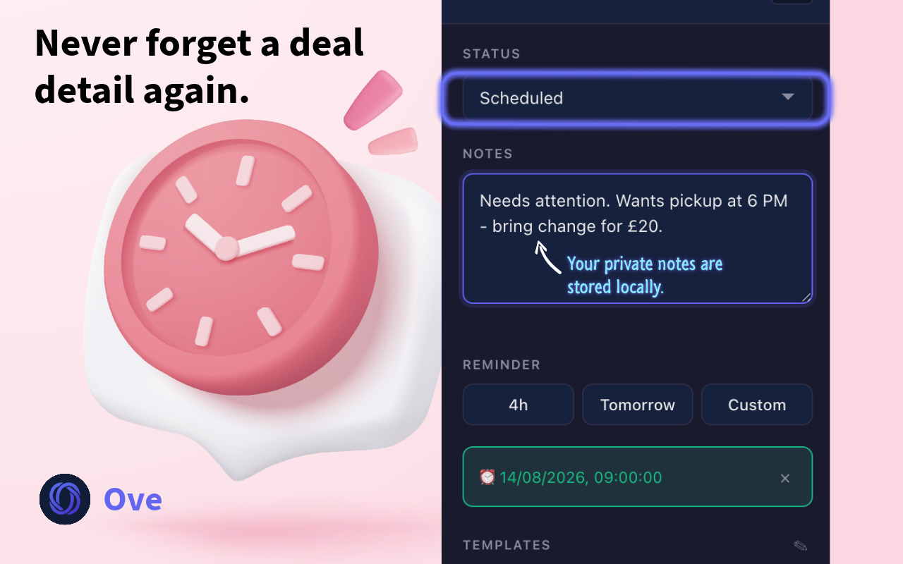 A digital scheduling app screen showing a reminder set for August 14, 2026 at 9:00 AM, with notes about a pickup and local storage of notes, and a pink clock illustration on a light pink background.
