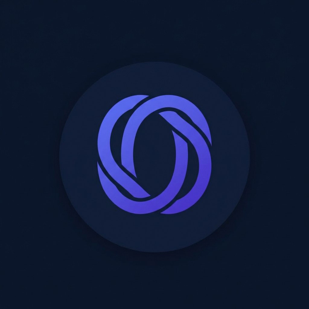 A circular logo with interwoven blue and purple lines on a dark background.