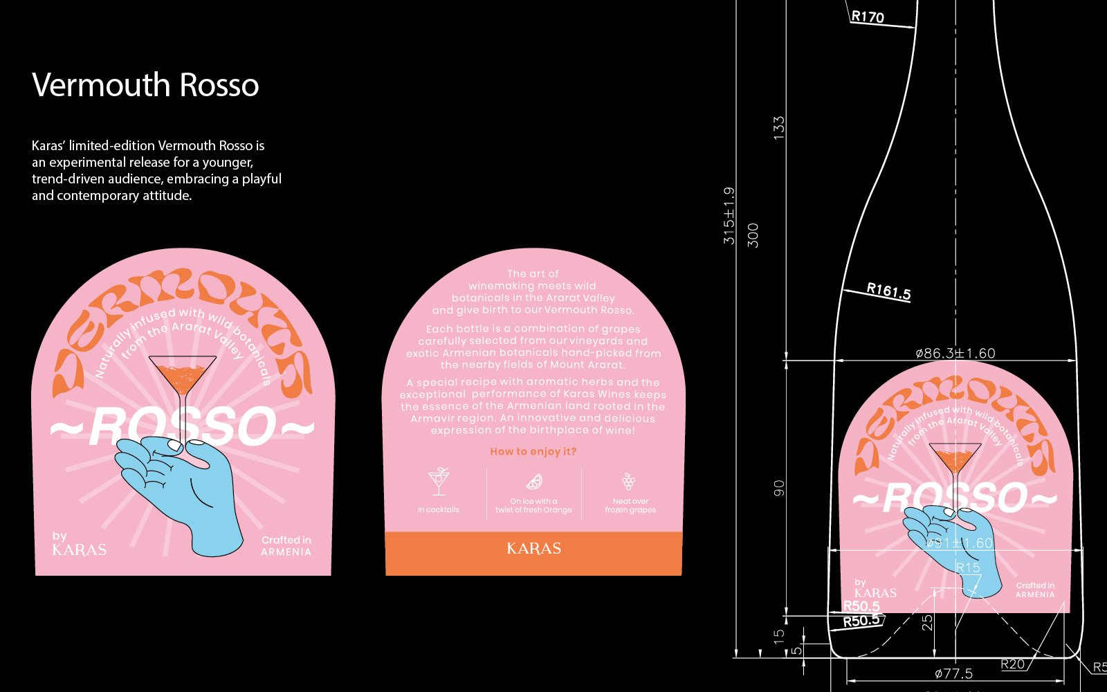 Vermouth Rosso Label Design by Proper, for Wine and Beverages, a trendy label, illustration of a hand holding the vermouth glass.