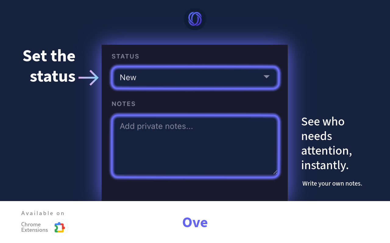 Screenshot of a digital interface for setting a status, with options to add notes and instructions to see who needs attention instantly. Includes text indicating availability on Chrome Extensions, and the word 'Ove' in blue at the bottom.