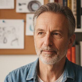 A middle-aged man with gray hair and beard, wearing a denim shirt, in an office or studio with sketches and photos on a corkboard behind him.
