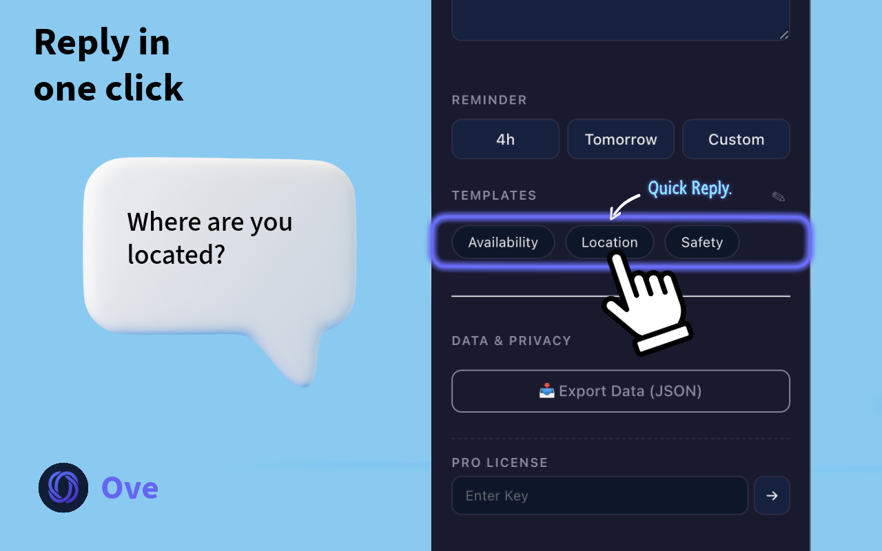 A digital interface screen displaying options for replying quickly with templates for availability, location, and safety, with a cursor highlighting the 'Location' button, and a speech bubble asking, 'Where are you located?'