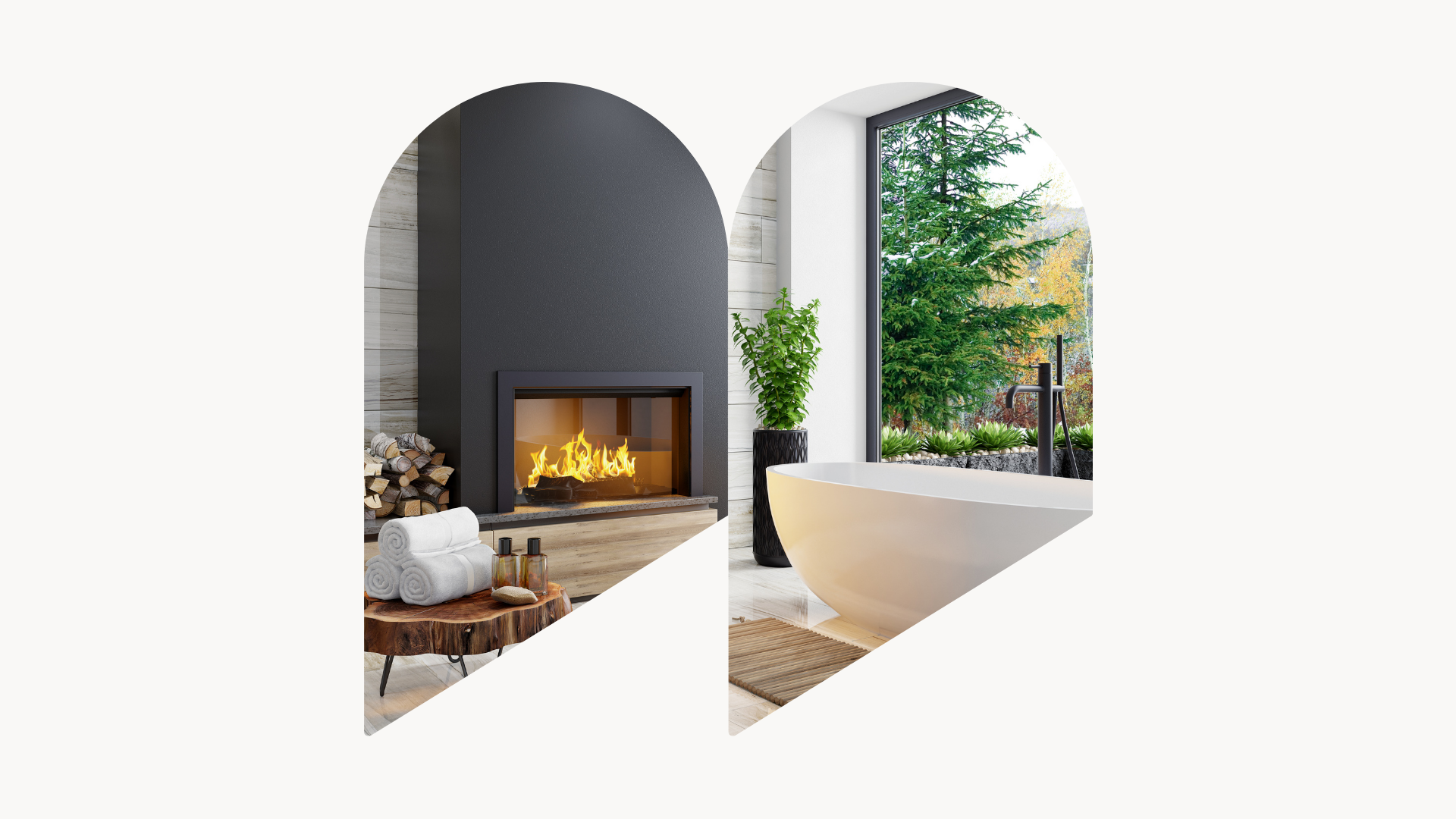 A split view of a modern living space with a fireplace and a bathtub, featuring natural elements and large windows showing outdoor greenery.