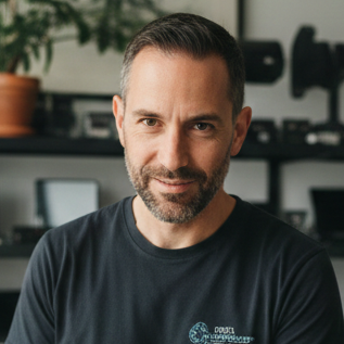 A man with short dark hair and a beard, wearing a dark T-shirt, sitting in a room with shelves and a potted plant in the background.