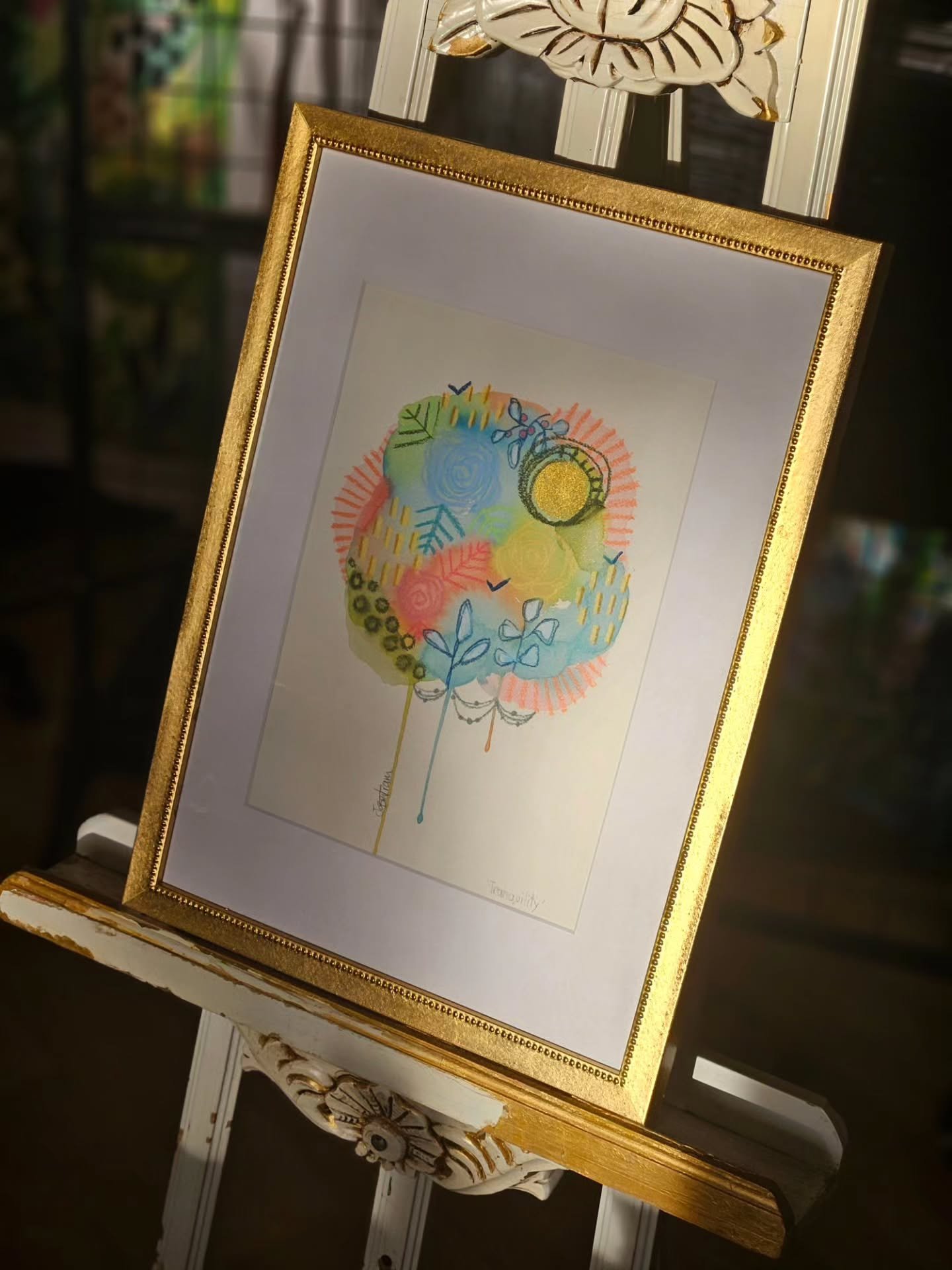 Oh my giddy aunt look how scrumptious this brushed gold frame is that I bought from from @creativesoul_prints today.  Just perfect for this watercolour and mixed media piece called 'Tranquility'. Message me if you want to make it yours.

#fizzbubblea