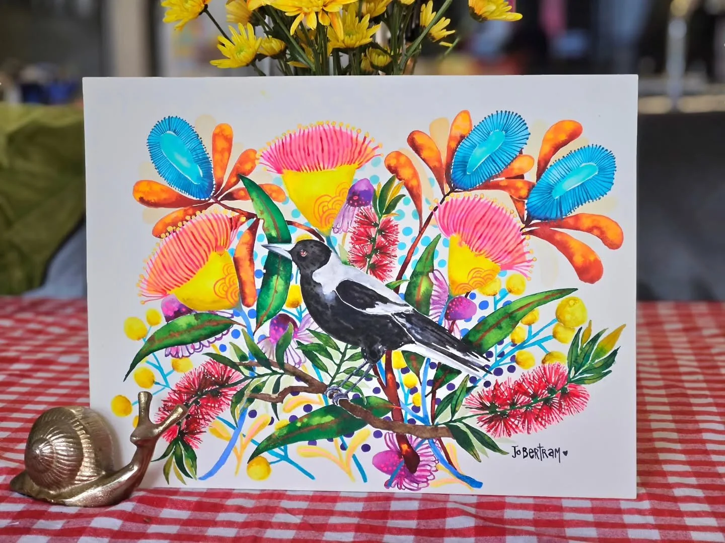 Cheeky magpie surrounded by Aussie flora in whimsical colours.  Had a lot of fun with this one.

#fizzbubbleartanddesign #magpie #whimsy #colourful #adelaide