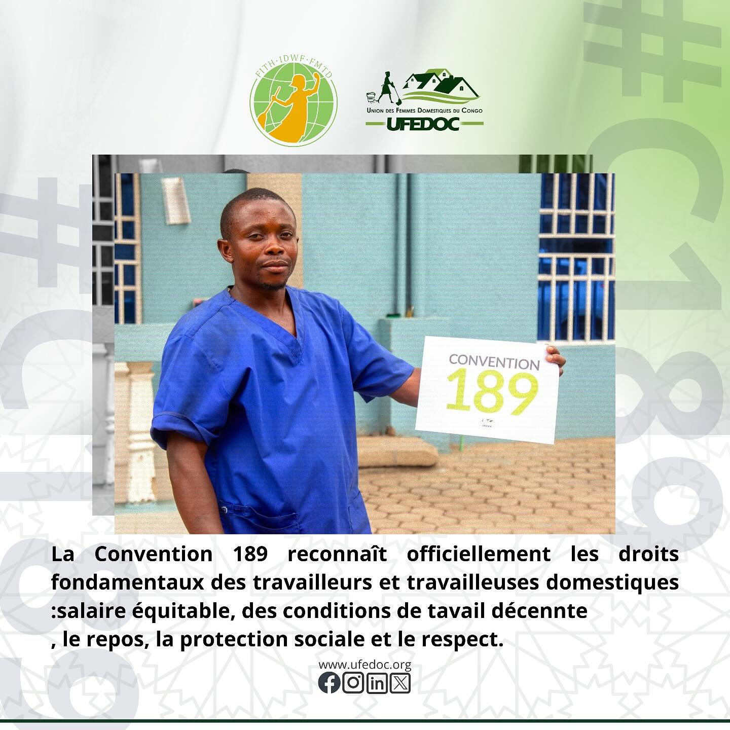 La Convention 189 reconna&icirc;t que le travail domestique est un vrai travail.

Elle garantit des droits, un salaire d&eacute;cent, une protection sociale et la dignit&eacute;.

📣 Chez UFEDOC, nous appelons &agrave; sa ratification et &agrave; son
