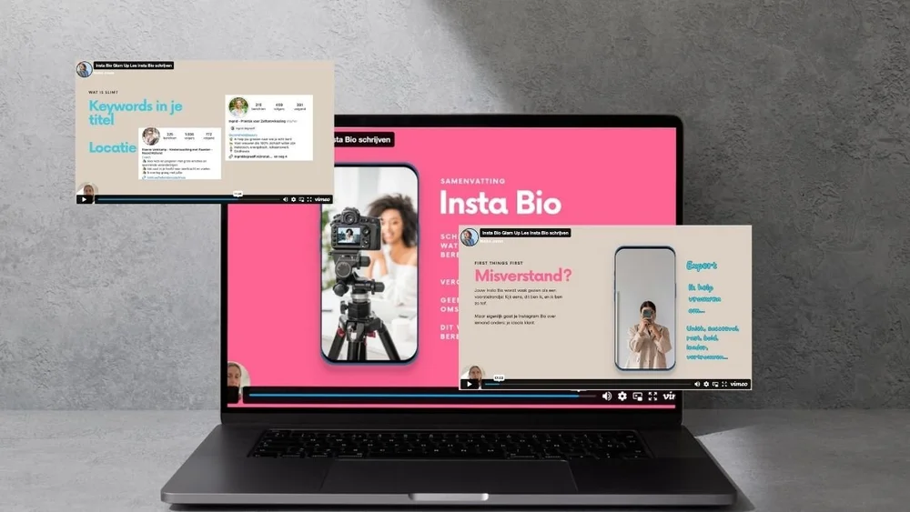 Instagram Bio Masterclass op een laptop met losse schermen
