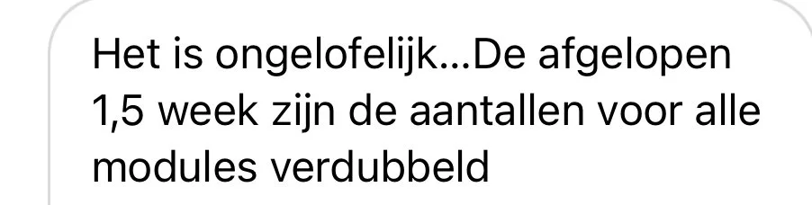 Het is ongelofelijk, de afgelopen 1,5 week zijn de aantallen voor alle modules verdubbeld