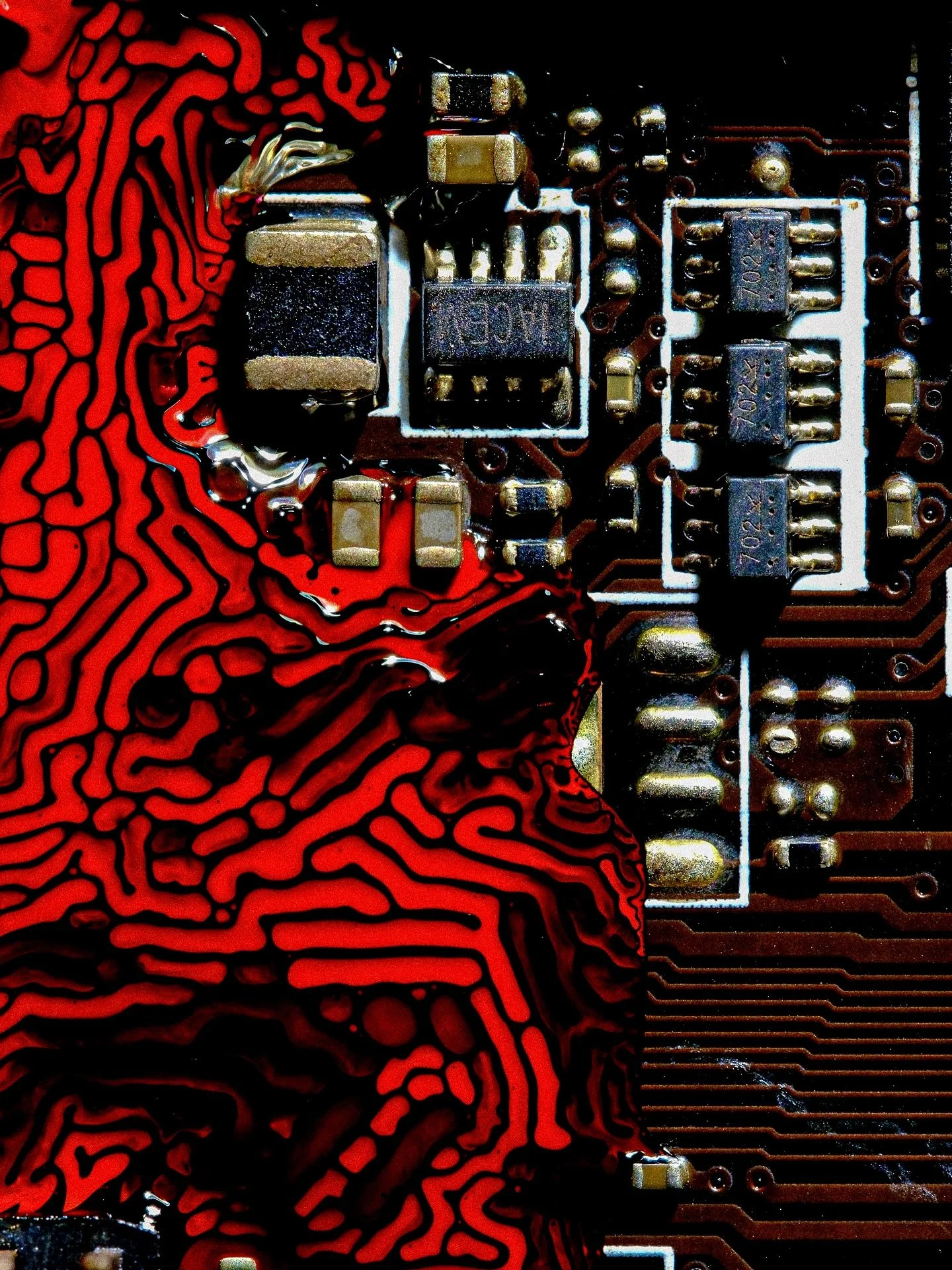 A collection of stills from one of my recent sessions exploring ferrofluid behavior on a salvaged PCB board from a broken computer. No CGI involved &ndash; just real magnetic fluid interacting with the circuitry and the liquids.

The metal traces emb