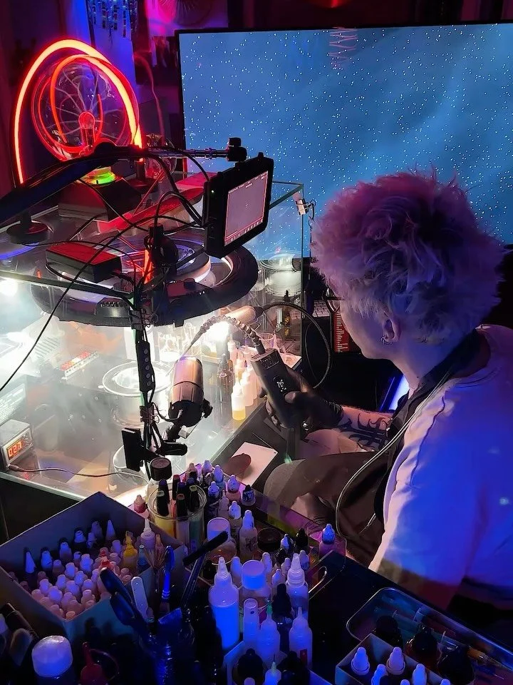 I create my work using purely analog techniques - no AI, no CGI, just real materials and controlled physical processes.

This post shows a few moments of me at work, building liquid compositions inside a setup designed specifically for these experime