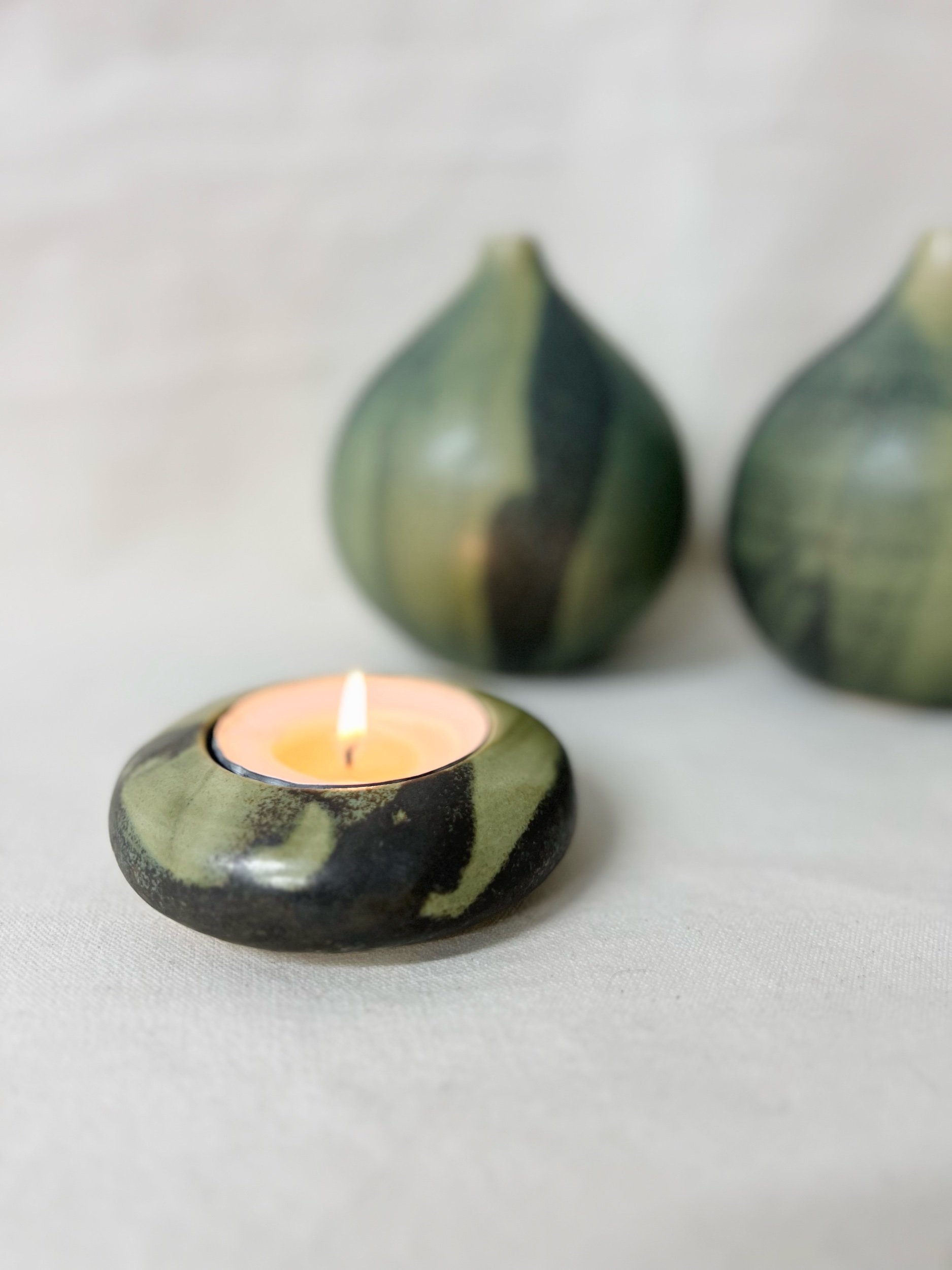 Handmade ceramic tea light candle holder. Green candle holder. Modern rustic pottery handmade in Glasgow, Scotland
