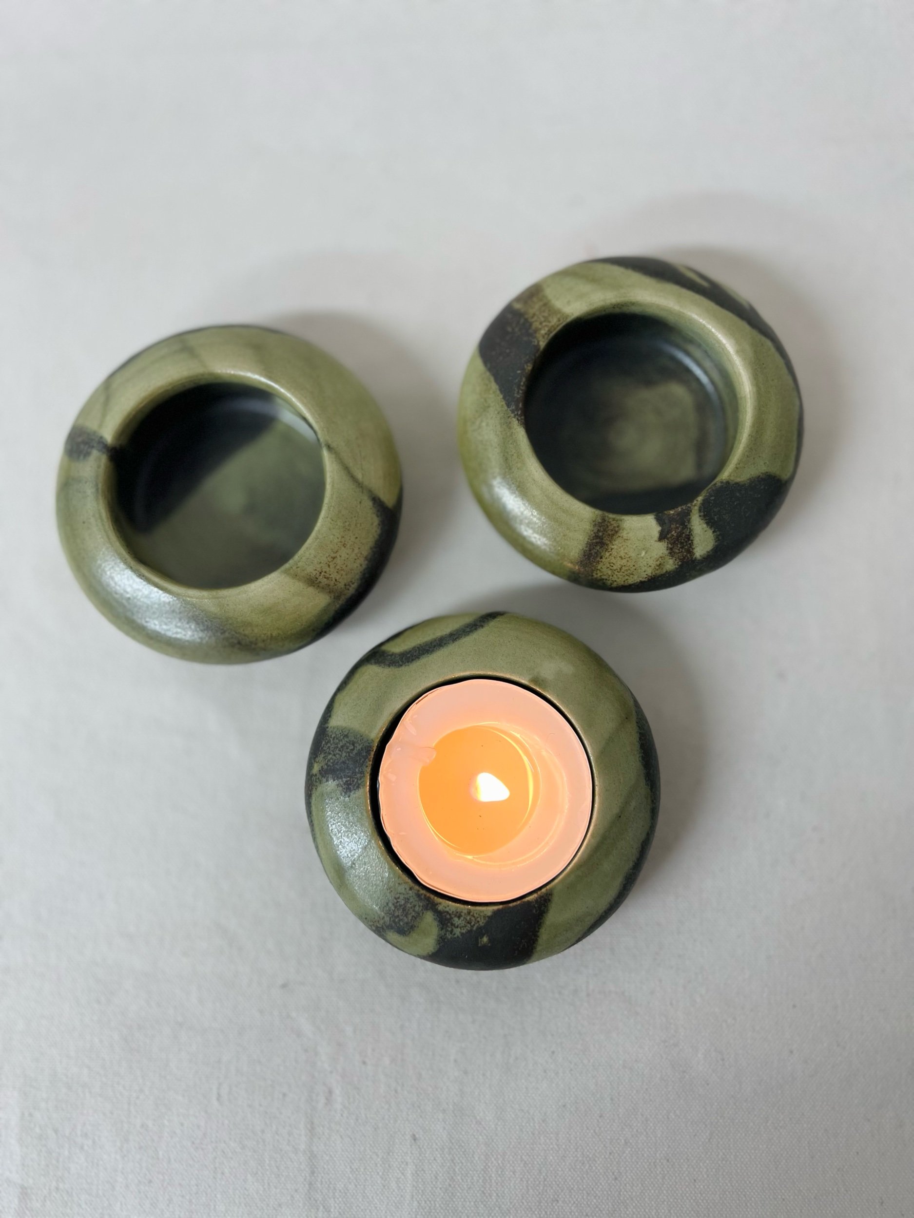 Handmade ceramic tea light candle holder. Green candle holder. Modern rustic pottery handmade in Glasgow, Scotland