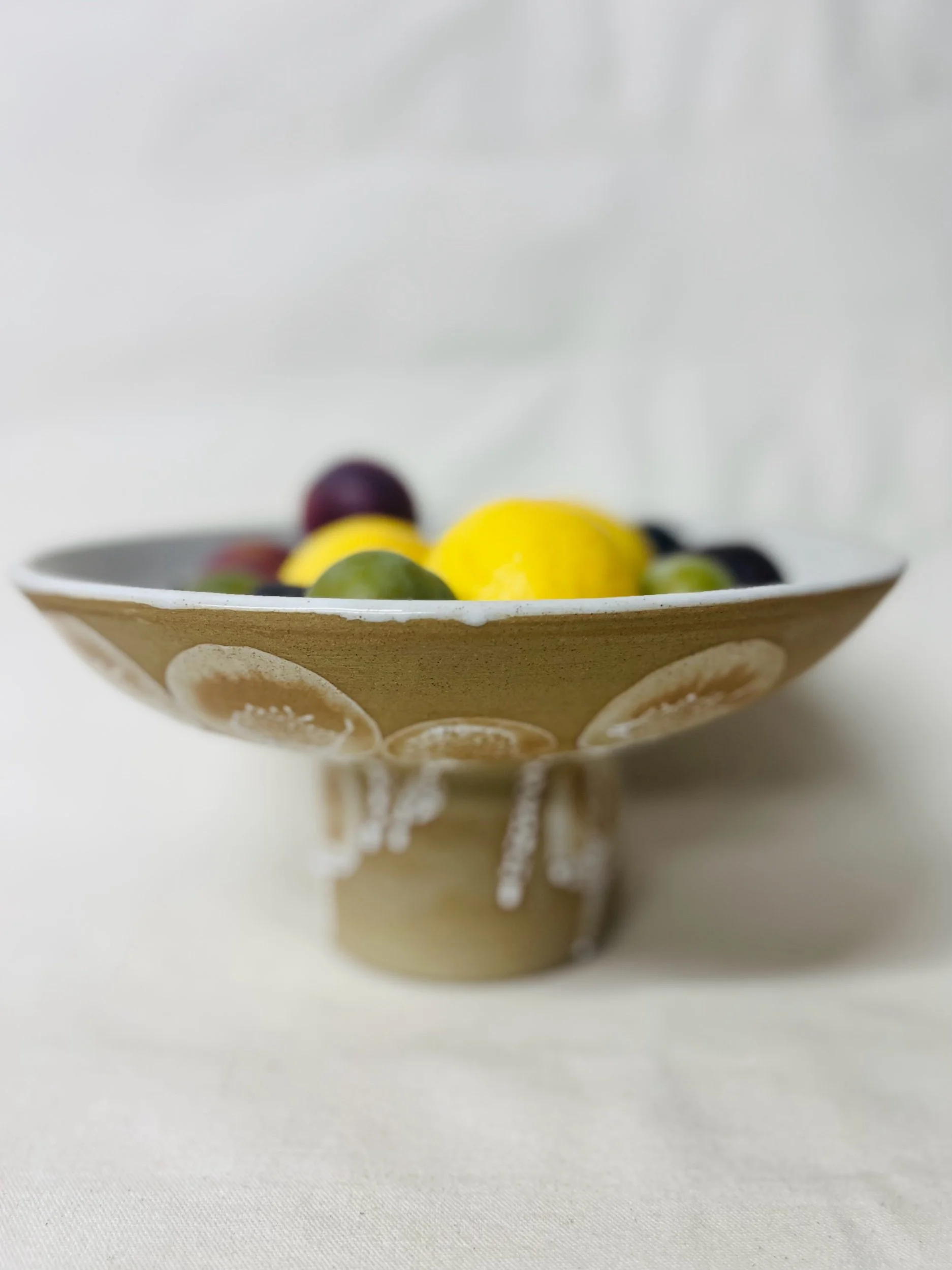 Handmade pedestal bowl, handmade fruit bowl, white fruit bowl, statement pottery. Handmade pottery made in Scotland. Modern rustic pottery. Modern rustic homewares.