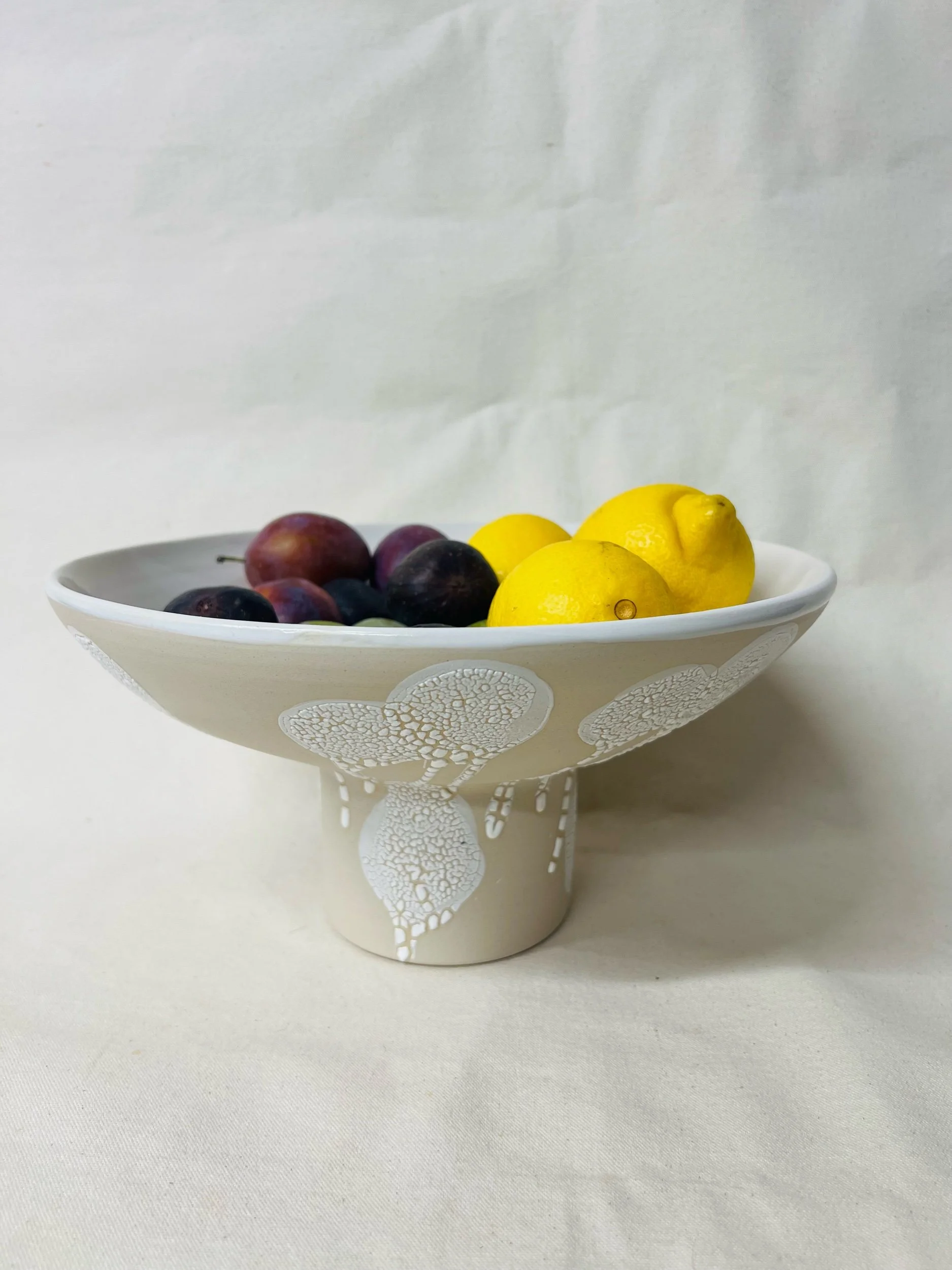 Handmade pedestal bowl, handmade fruit bowl, white fruit bowl, statement pottery. Handmade pottery made in Scotland. Modern rustic pottery. Modern rustic homewares.