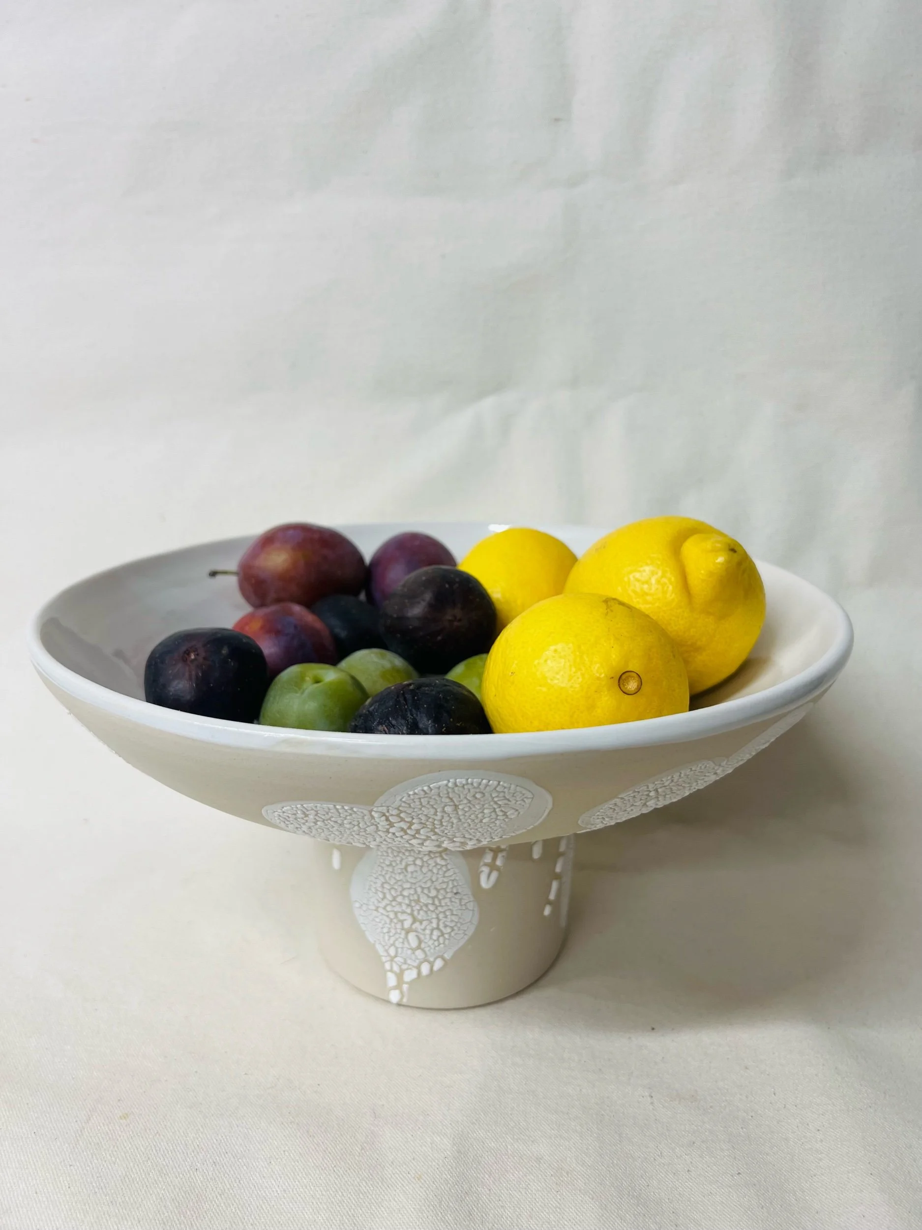 Handmade pedestal bowl, handmade fruit bowl, white fruit bowl, statement pottery. Handmade pottery made in Scotland. Modern rustic pottery. Modern rustic homewares.
