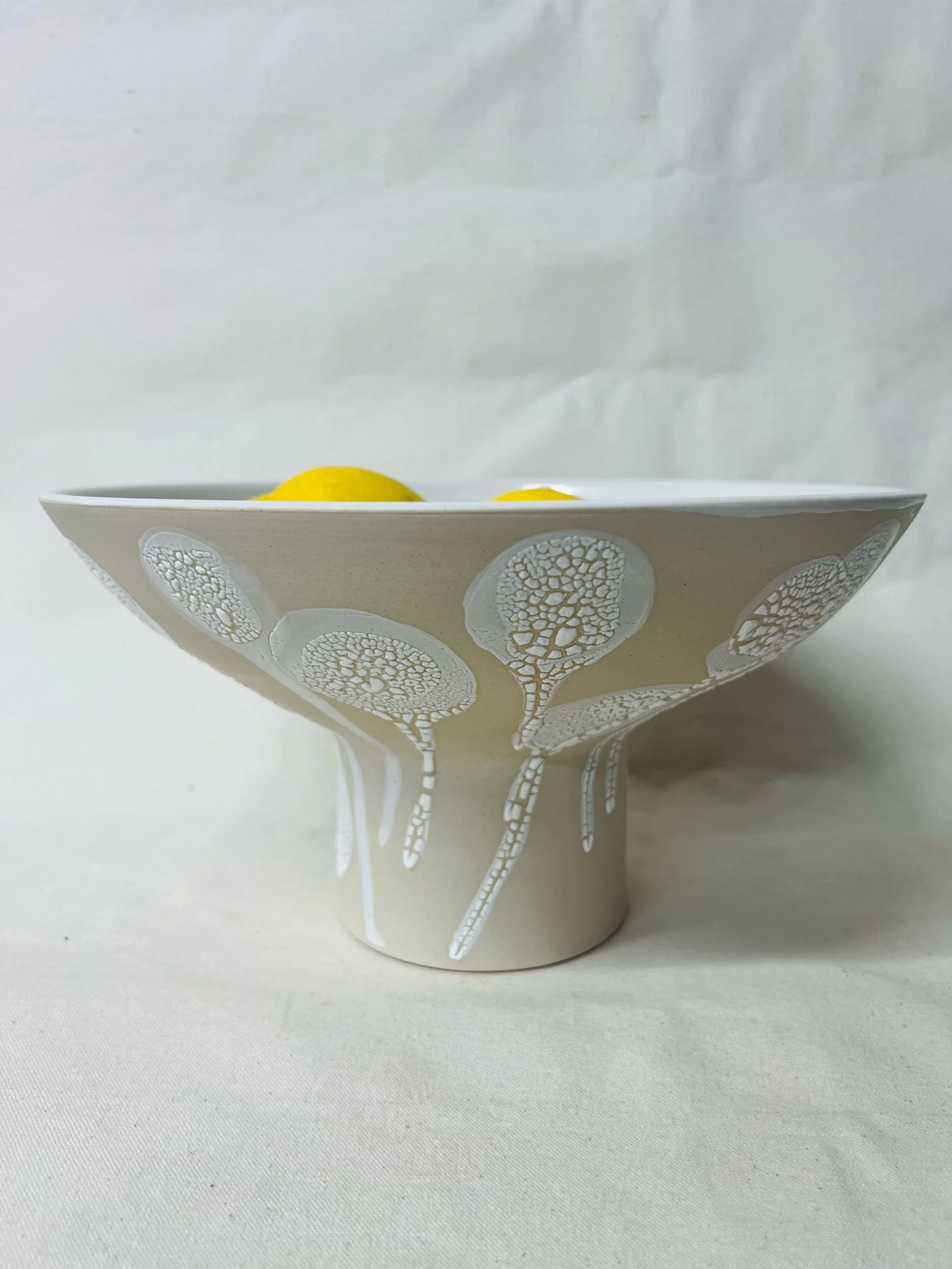 Handmade pedestal bowl, handmade fruit bowl, white fruit bowl, statement pottery. Handmade pottery made in Scotland. Modern rustic pottery. Modern rustic homewares.