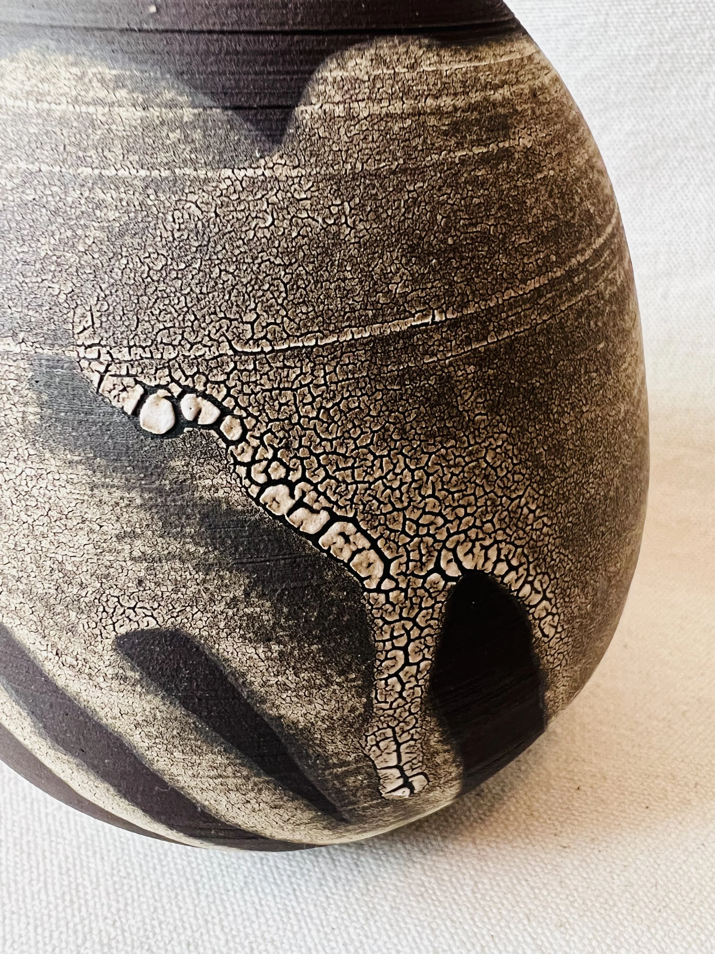 Close-up of a painted skull with a cracked, textured design in black, white, and brown colors.