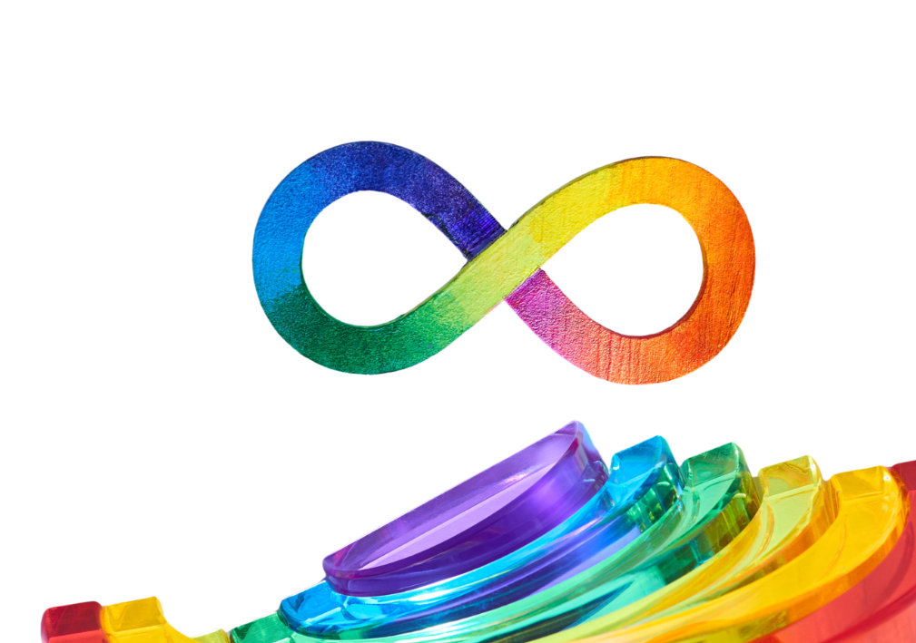 Colorful rainbow infinity symbol and rainbow-colored glass art.
