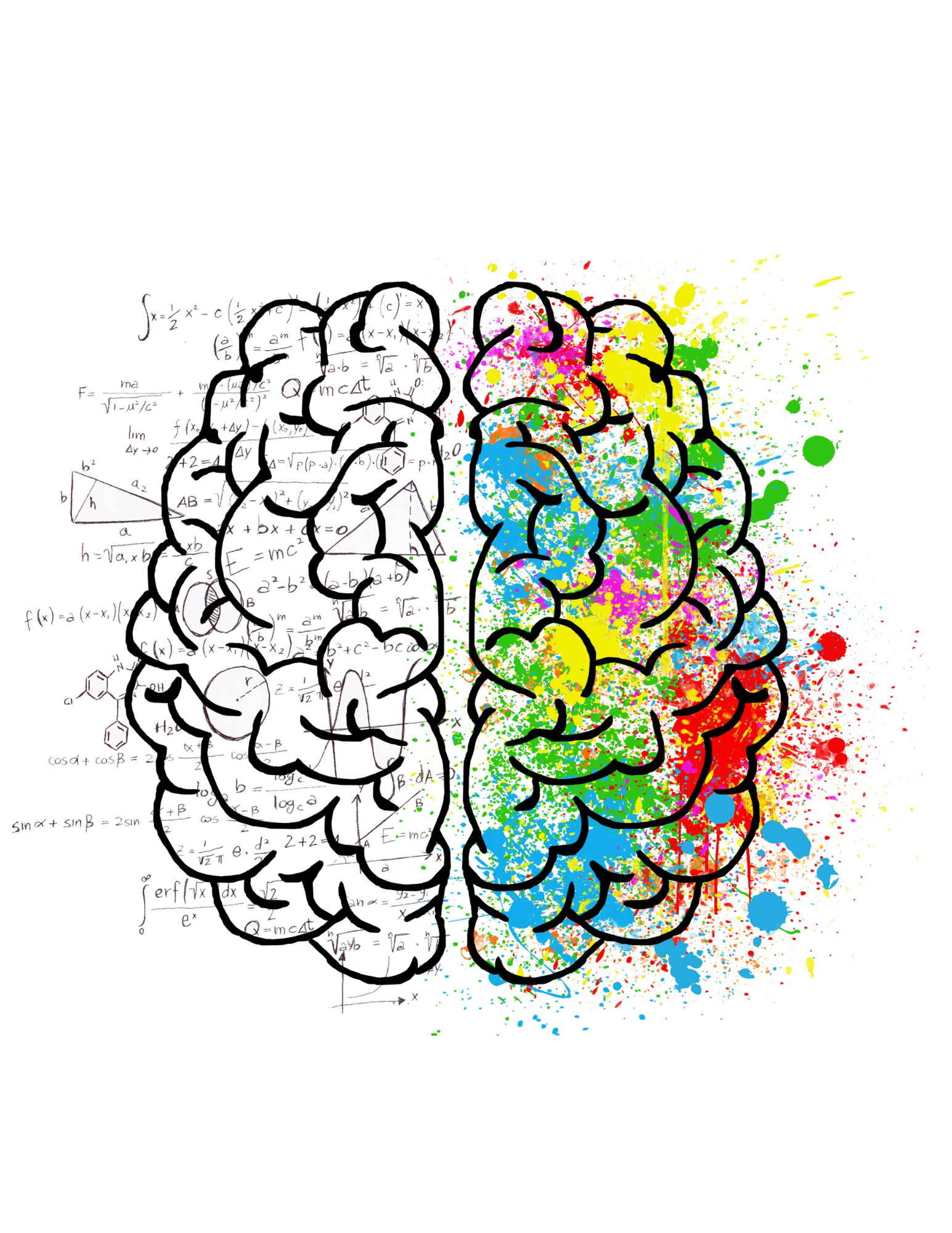 A colorful artistic depiction of a human brain outlined in black with splashes of yellow, pink, blue, green, orange, and red paint, set against a background of mathematical equations and scientific formulas.