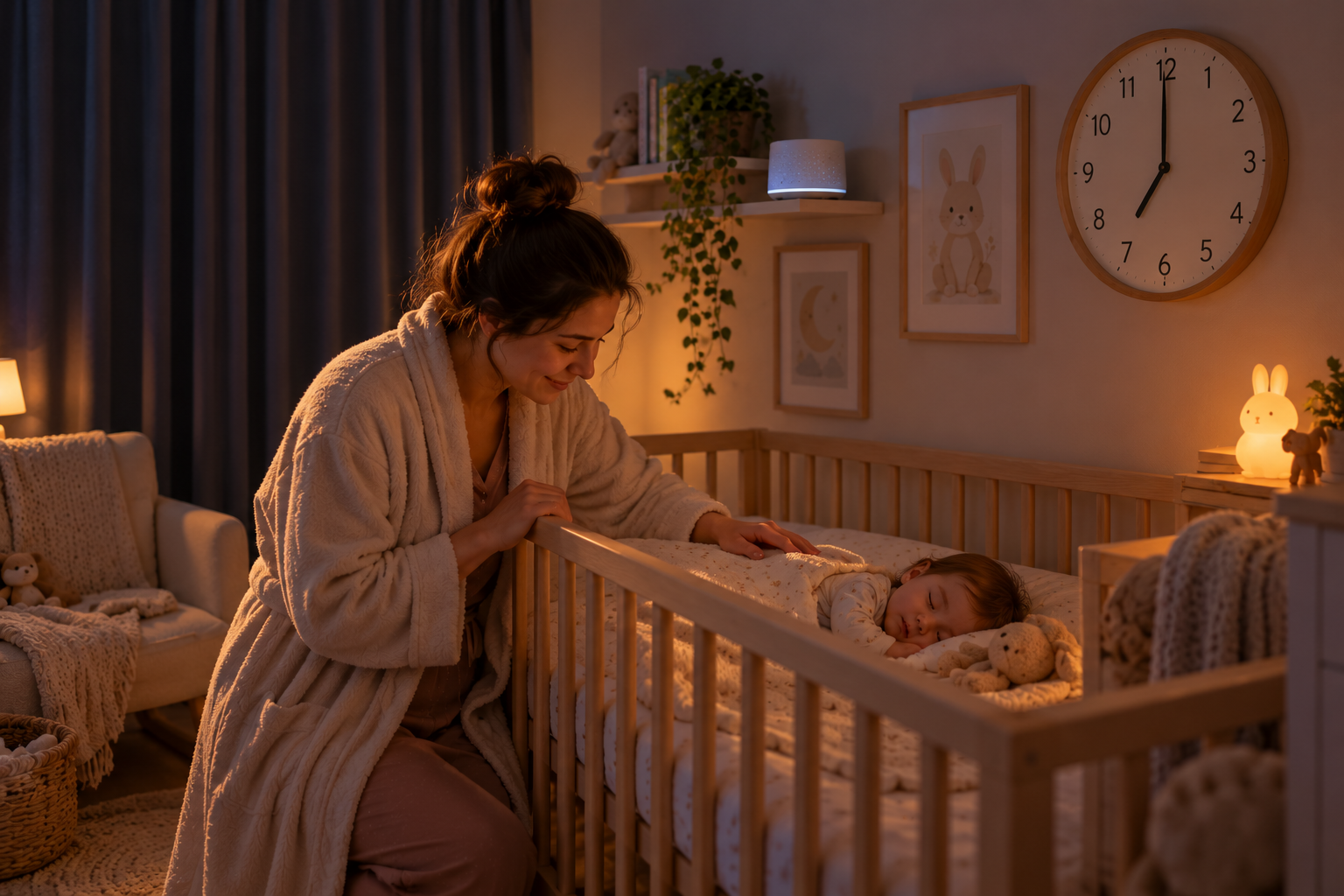 blackout curtains and a white noise machine supporting baby sleep after the time change