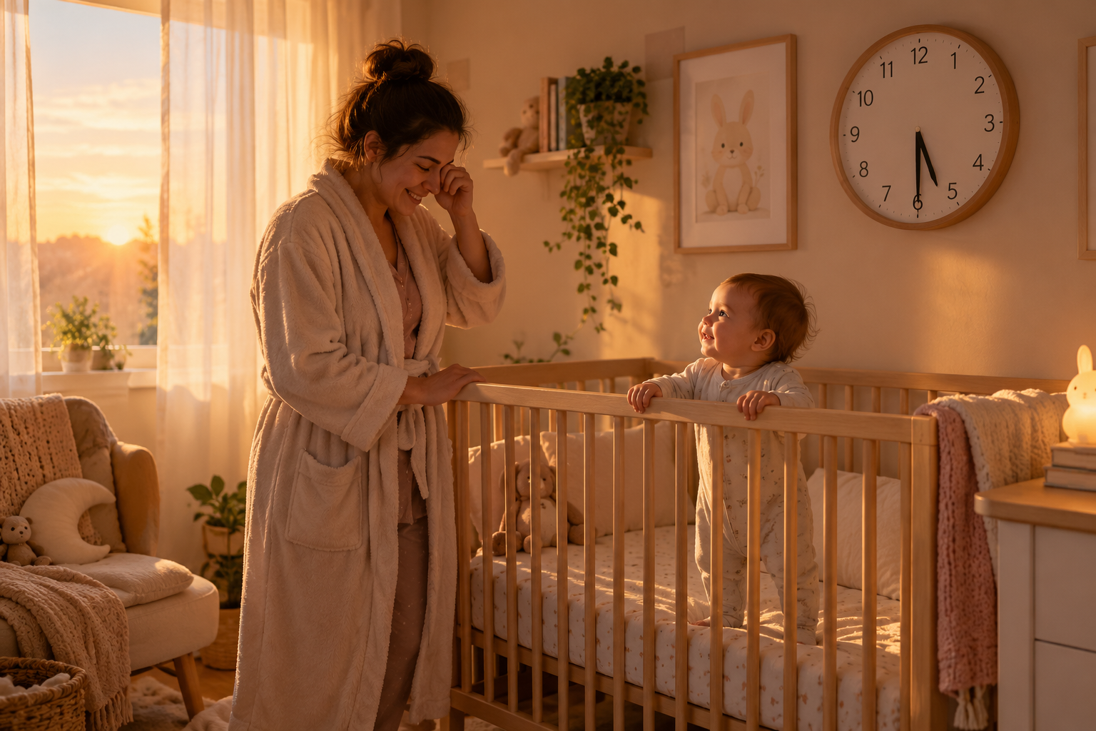 Tired parent entering a nursery early in the morning while a baby stands awake in the crib after the clocks fall back.