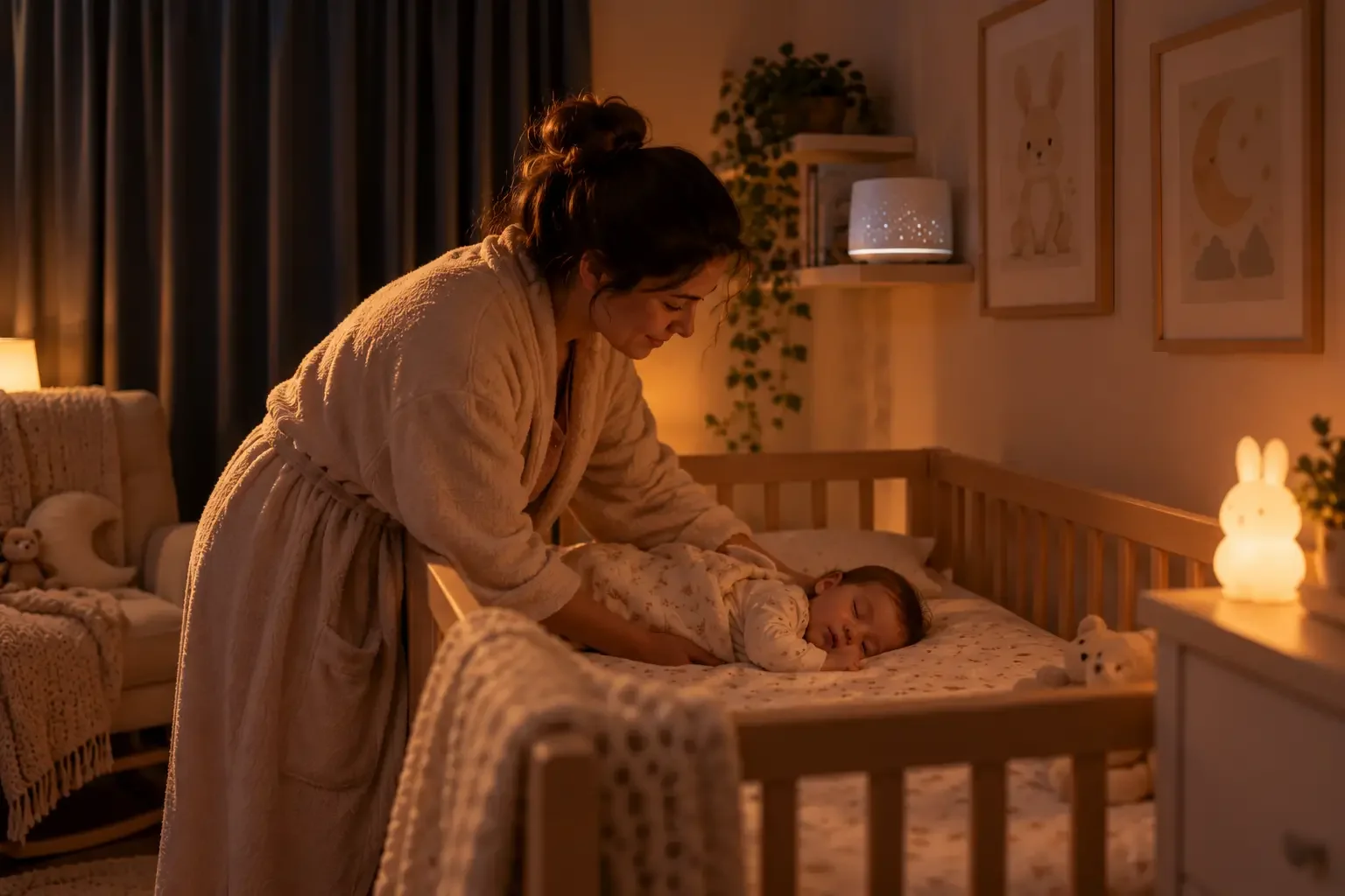Parent placing a drowsy baby in a crib at bedtime during the 4 month sleep regression