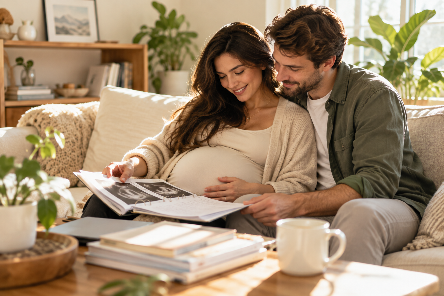 Expecting parents preparing for birth with childbirth education materials