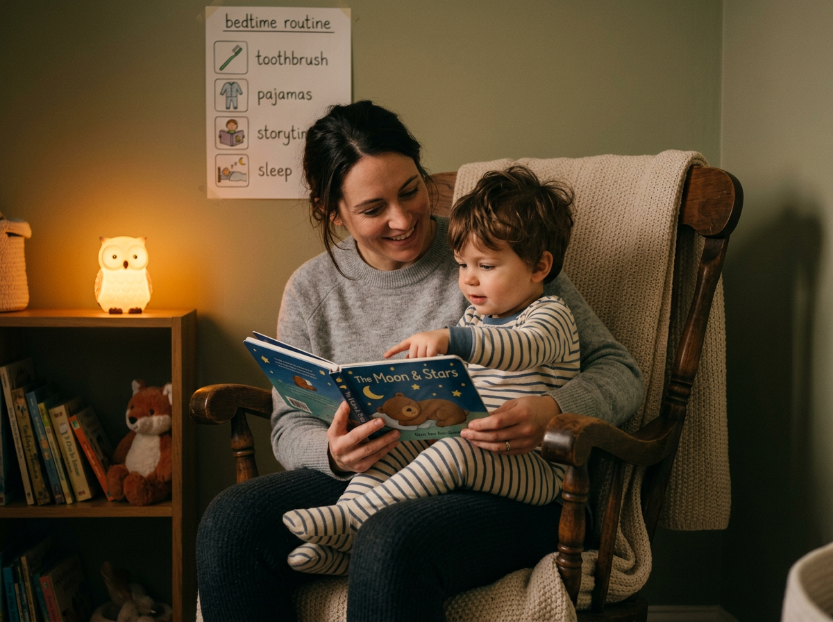 Parent reading a picture book to a toddler in a dimly lit room as part of a calming bedtime routine