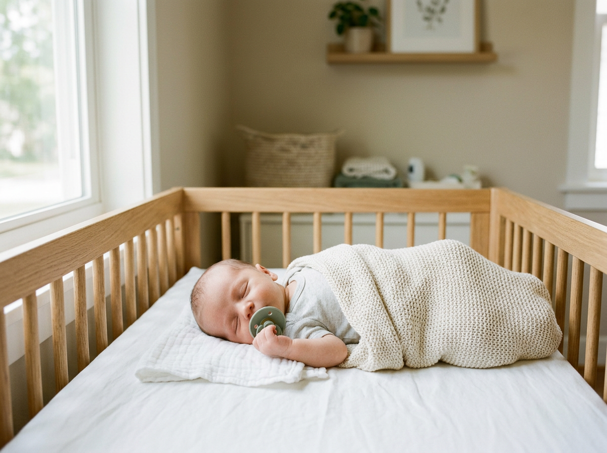Newborn baby resting safely in a crib with a pacifier