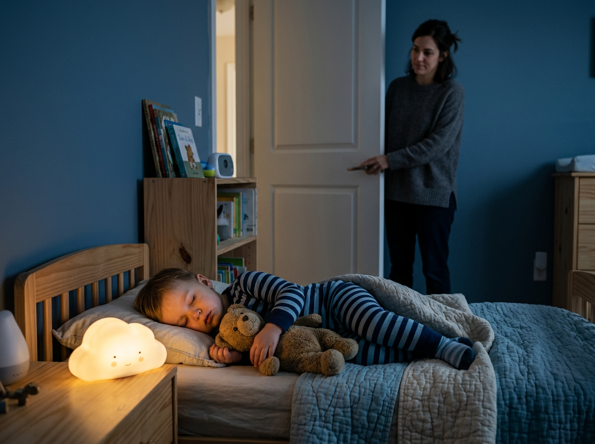 A peaceful nighttime scene of a toddler sleeping soundly in a small bed with a plush toy and a soft nightlight glowing, a parent quietly closing the door in the background, dreamy blue and warm yellow tones, realistic and serene