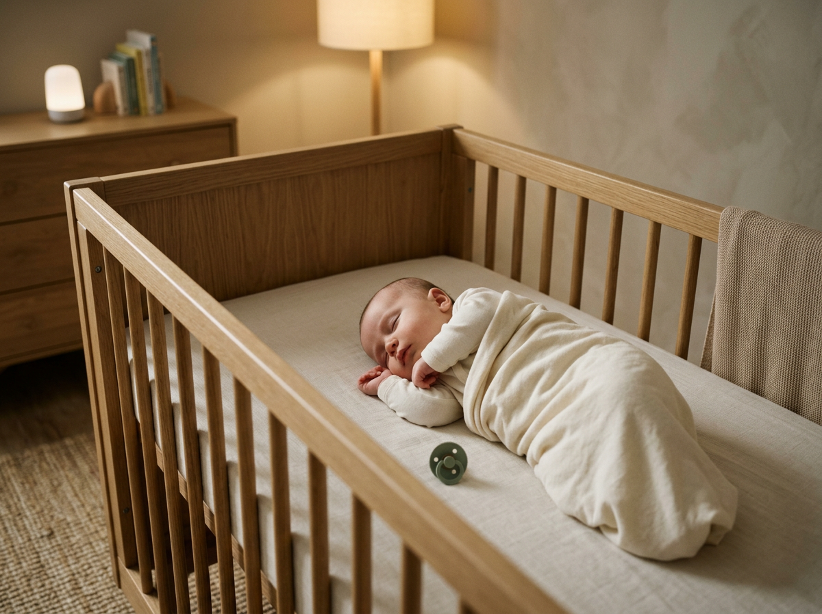 Baby sleeping in a crib with a pacifier during sleep training