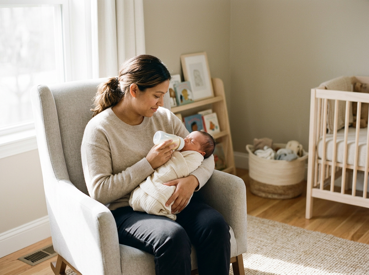 Parent feeding a newborn during a scheduled daytime feed" Alt Title: "Should I wake my newborn to feed