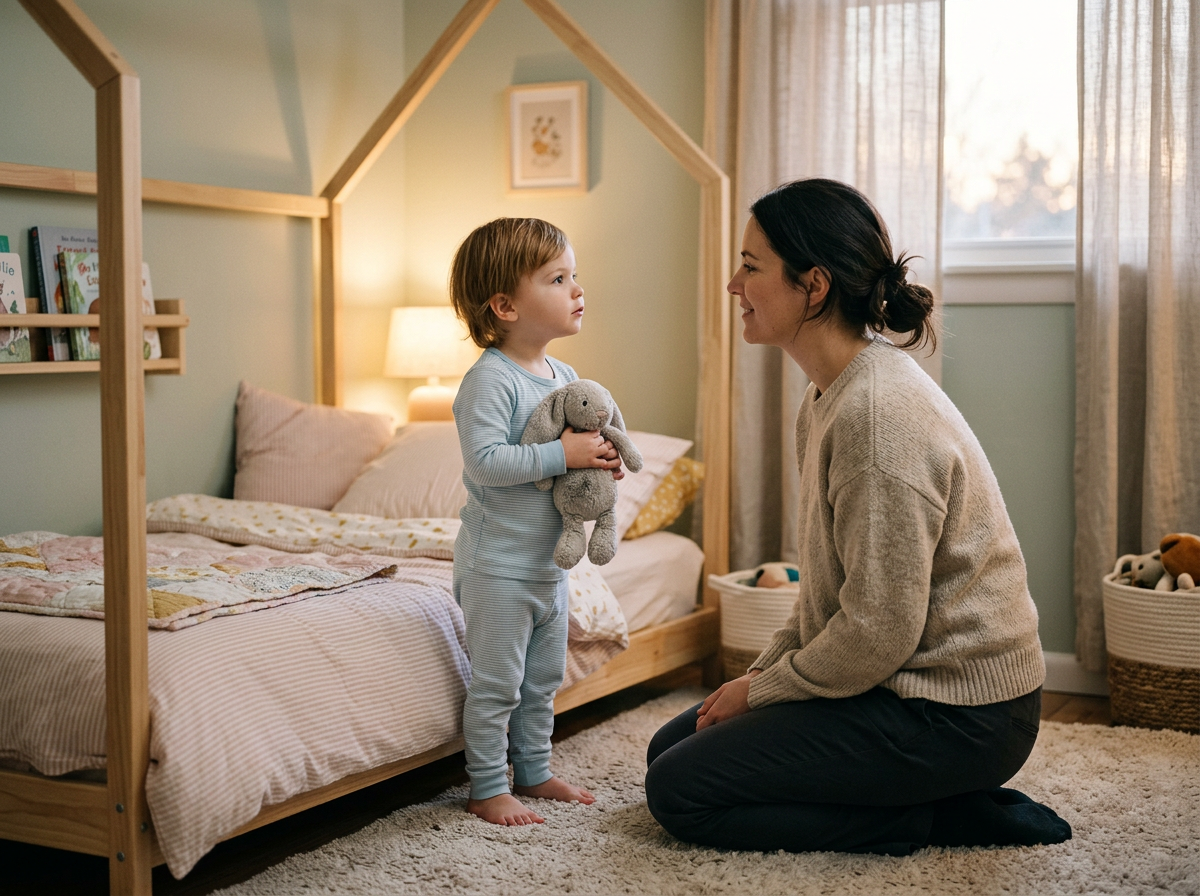 Parent kneeling to talk calmly with a toddler in pajamas beside a bed during a bedtime struggle