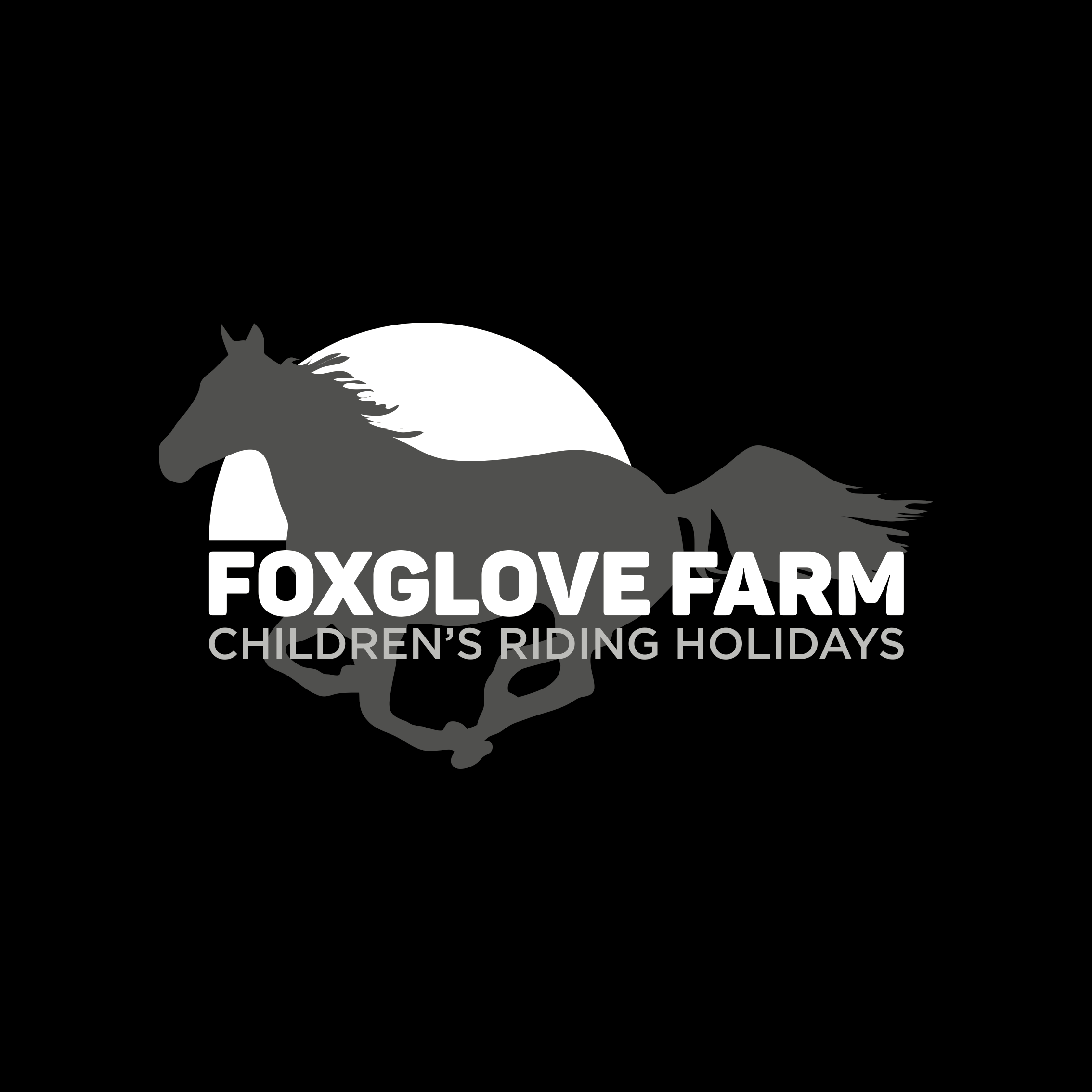 Black and white Foxglove Farm Logo on black designed by Yeswaydesign