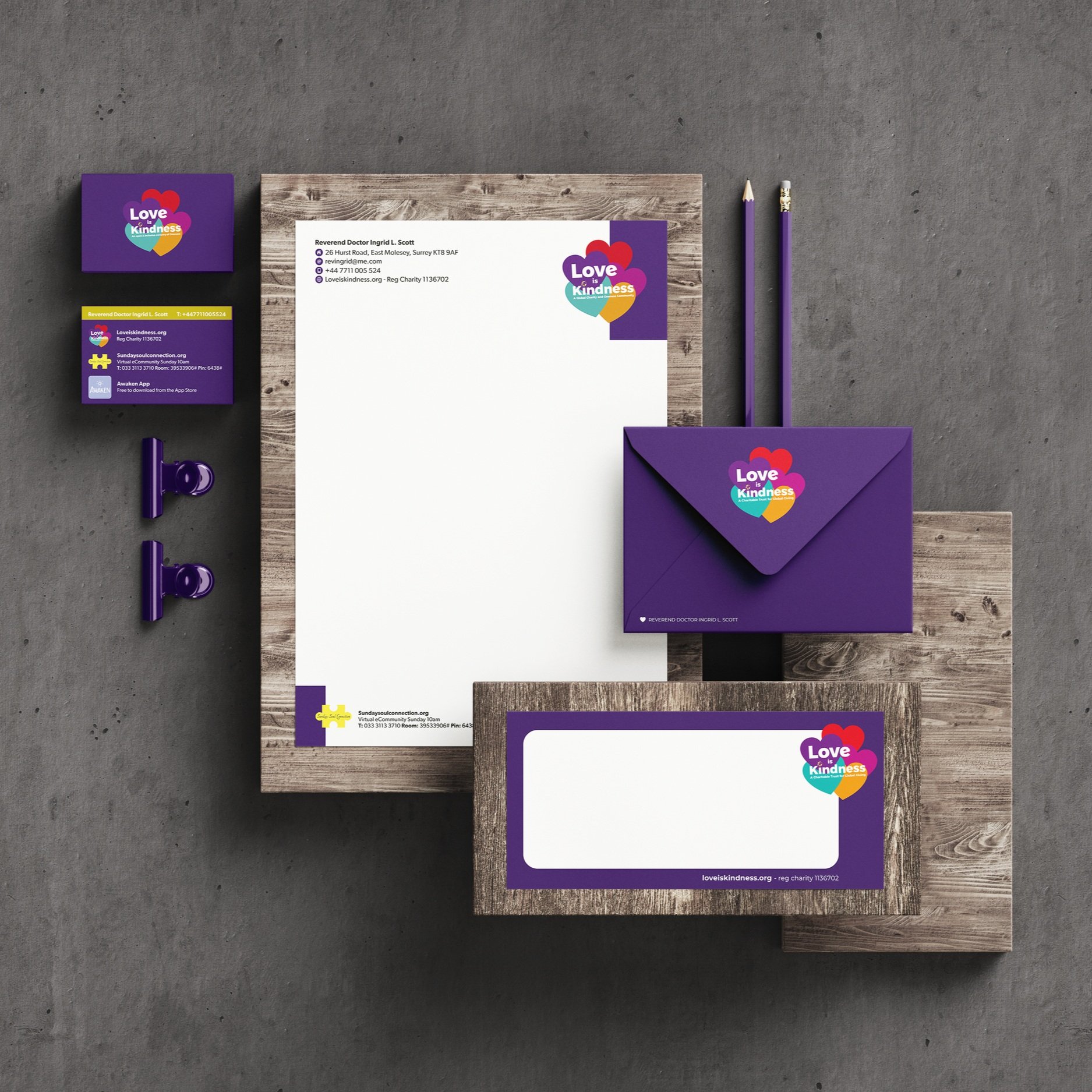 Corporate identity for Love is Kindness Charity by Yeswaydesign showing the logo and all stationery 