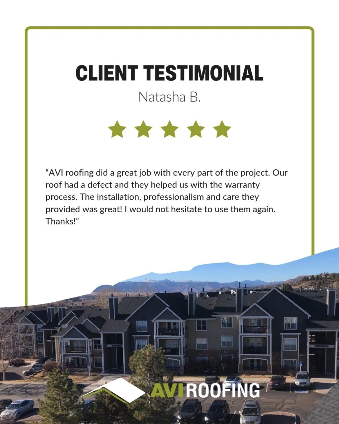 As a service-based company, AVI Roofing thrives on word of mouth and customer reviews. We are grateful for each and every person who takes the time to leave us a review on our Google Page.
Below, Natasha, who experienced a defect in her roofing sys
