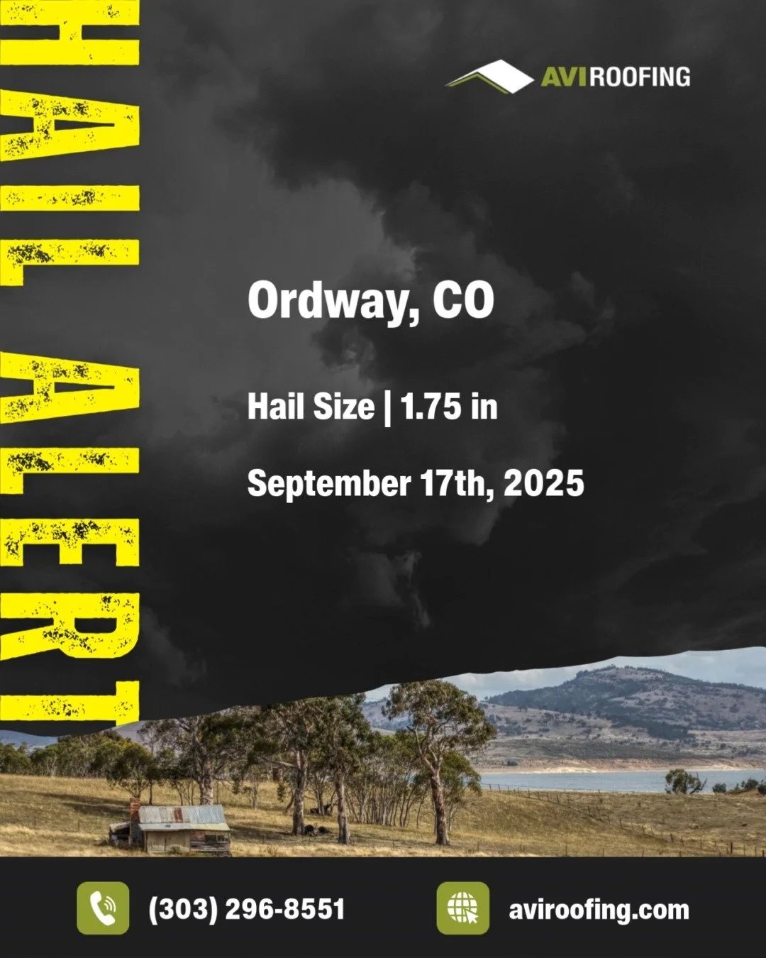 Another hailstorm was recorded last night in Ordway, CO. Up to 1.75" hail was seen in the area.
If your property was affected by this storm, let us help you find a roofing solution that works for you. Call us today or visit us online at www.avi