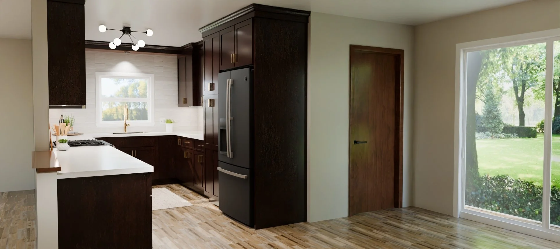 Modern kitchen with white upper cabinets, light gray lower cabinets, and a black kitchen island. Stainless steel refrigerator and wine cooler, gas stove, and a large window showing green trees outside.
