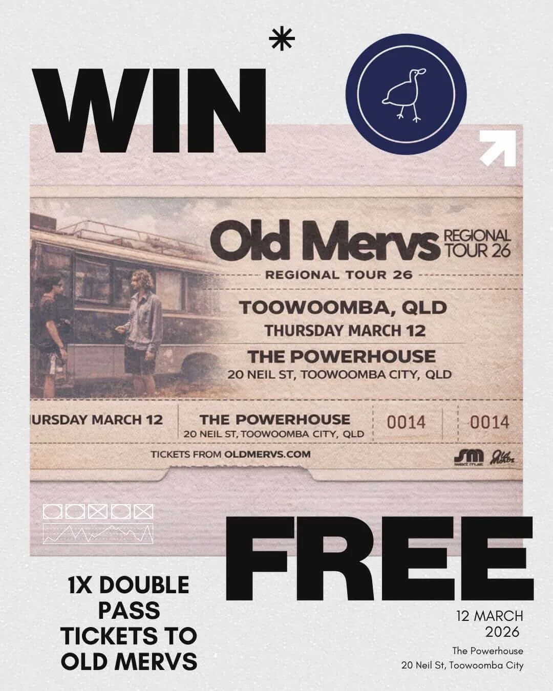 We&rsquo;ve got a a FREE DOUBLE PASS up for grabs to see Old Mervs live at the Powerhouse on 12th March 🎶⁠
⁠
Want to be there?⁠
⁠
To enter:⁠
Like this post⁠
Be following @thepowerhouse_toowoomba ⁠
and @thebakersduck ⁠
Tag the friend you&rsquo;re bri