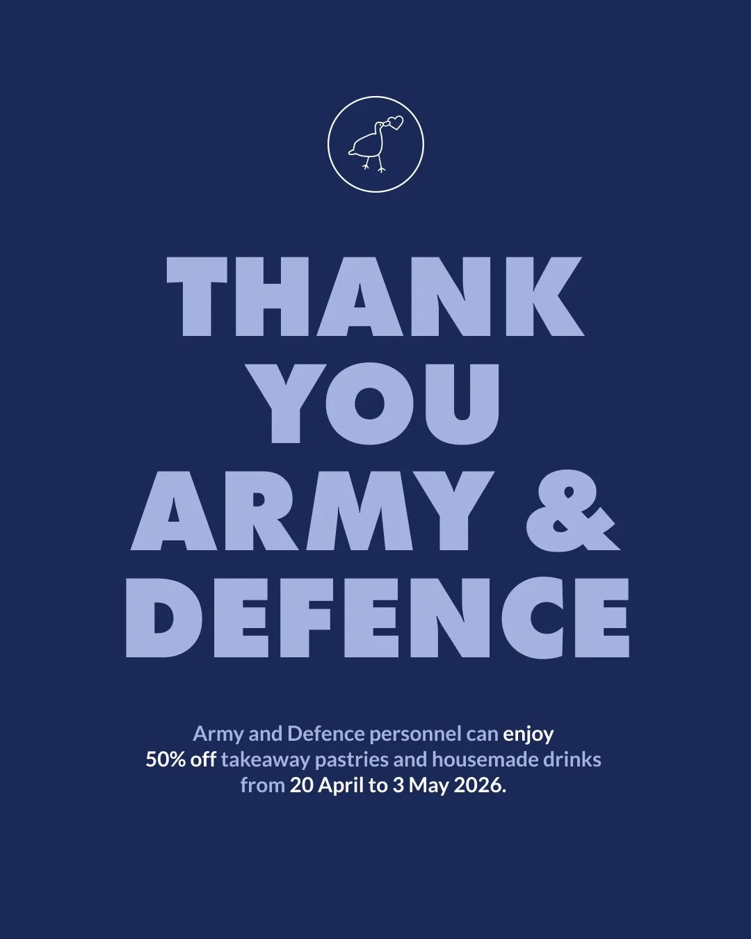 A little thank you from us. 🤍⁠
⁠
From today, all Army and Defence personnel can enjoy 50% off takeaway pastries and housemade drinks in-store. Valid from 20 April to 3 May 2026.⁠
And a reminder that we'll be open from 6AM on Anzac Day, 25 April, for
