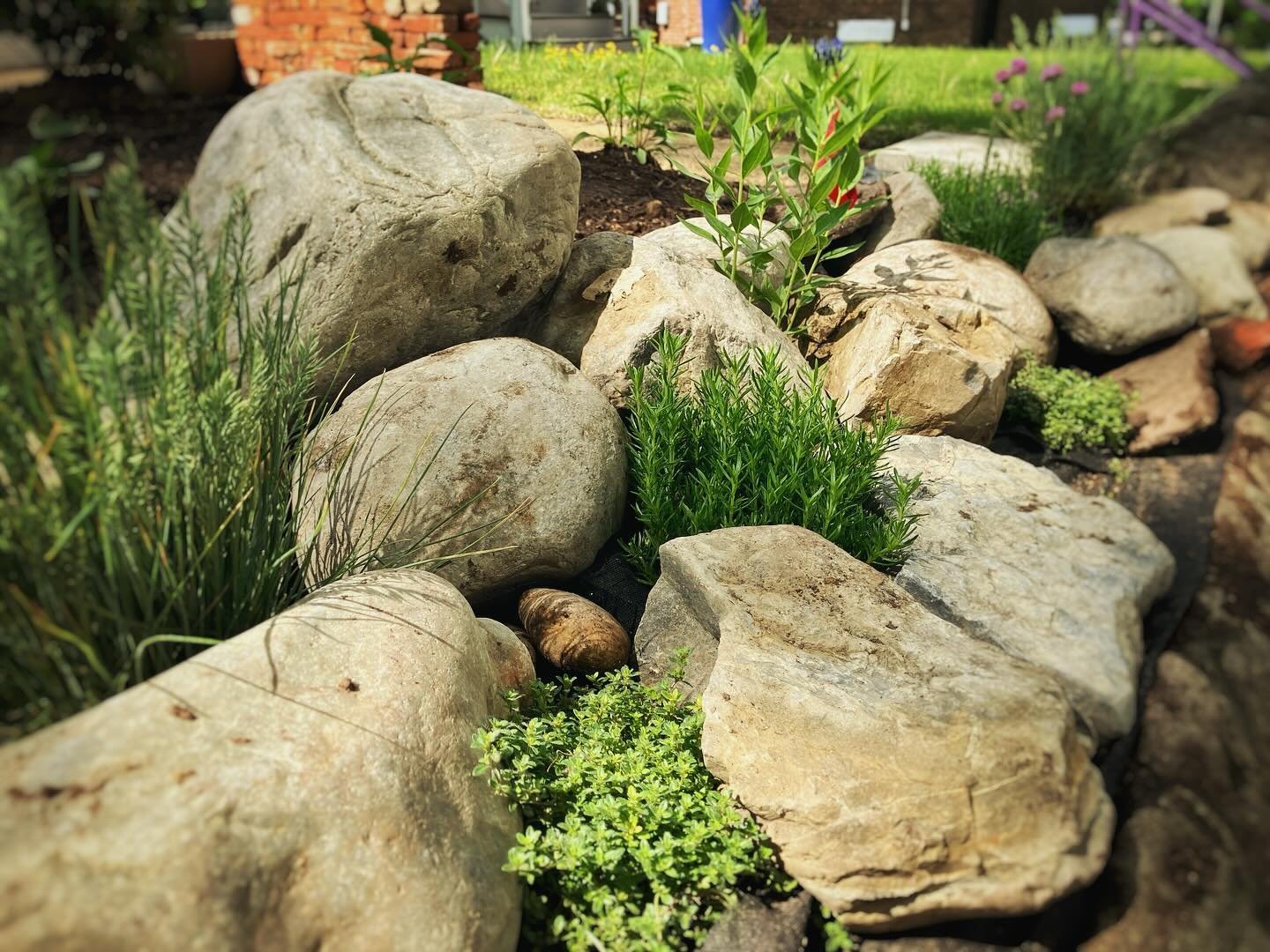 Rocks in a garden create a unique backdrop for smaller plants to stand on their own. This new installation is ready for the summer. #landscapedesign #rockgarden