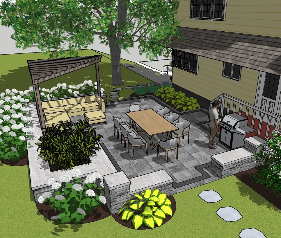 Patio design with a seating wall, corner pergola, grill space, sofa, and lush planting all around. #landscapedesign #patio