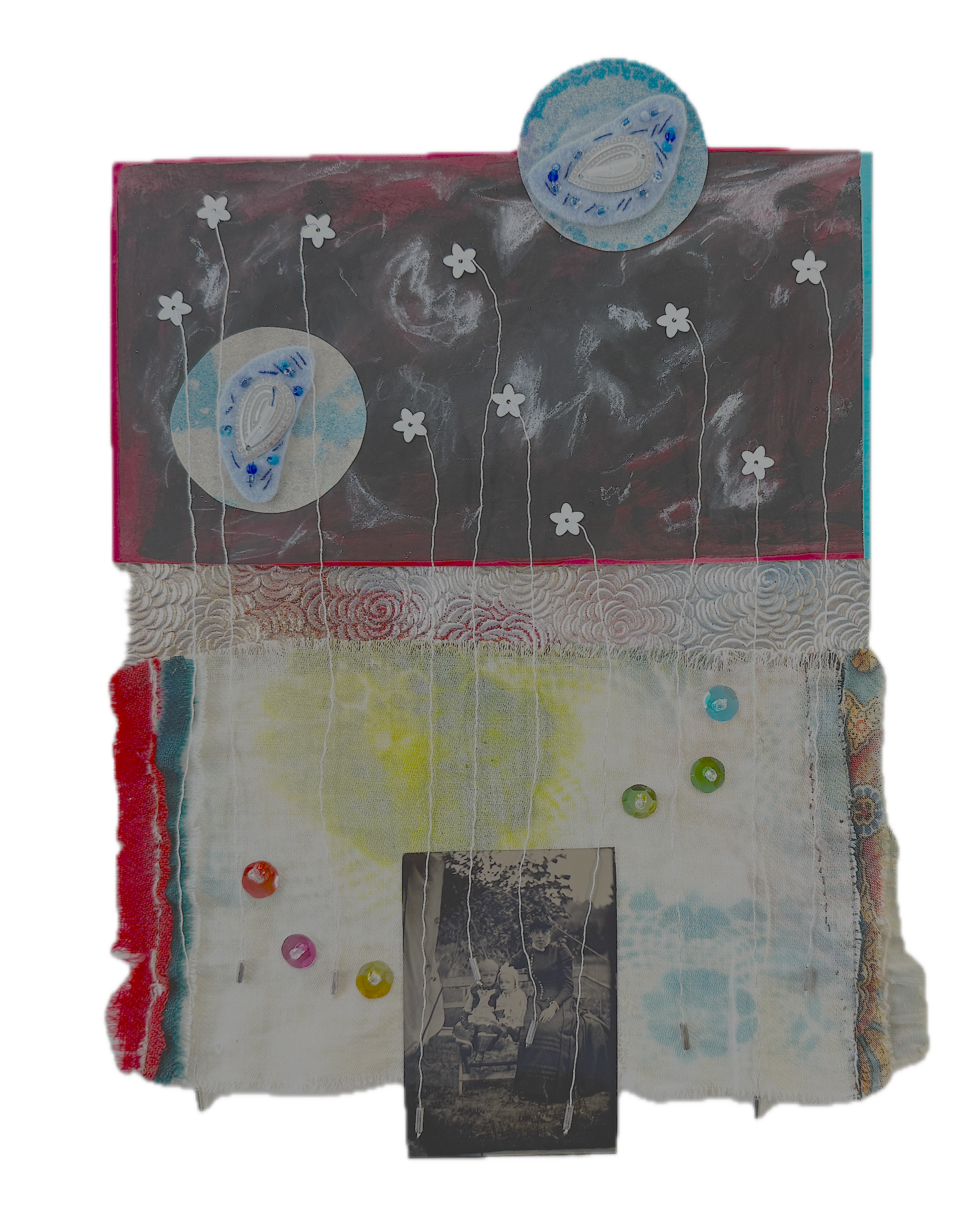 Moonglow, 2026, acrylic, spray paint, tintype, repurposed quilt, felt, thread, beads, sequins on 4ply mat board 14 x 11 in