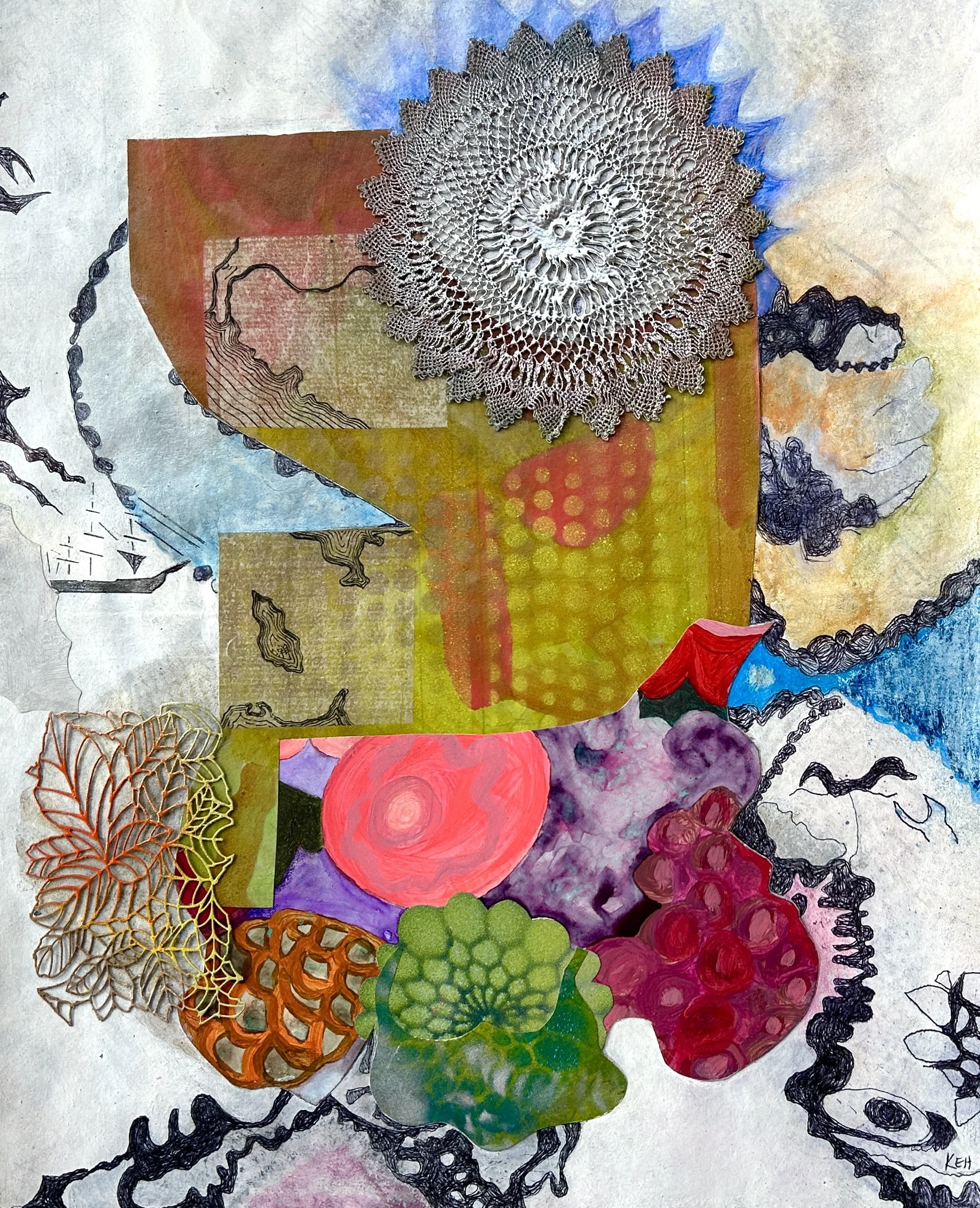 There Are Many Islands, 2025, acrylic, spray paint, pencil, ball point pen, metal, textile, paper on paper,  14 1/2 x 11 3/4 in