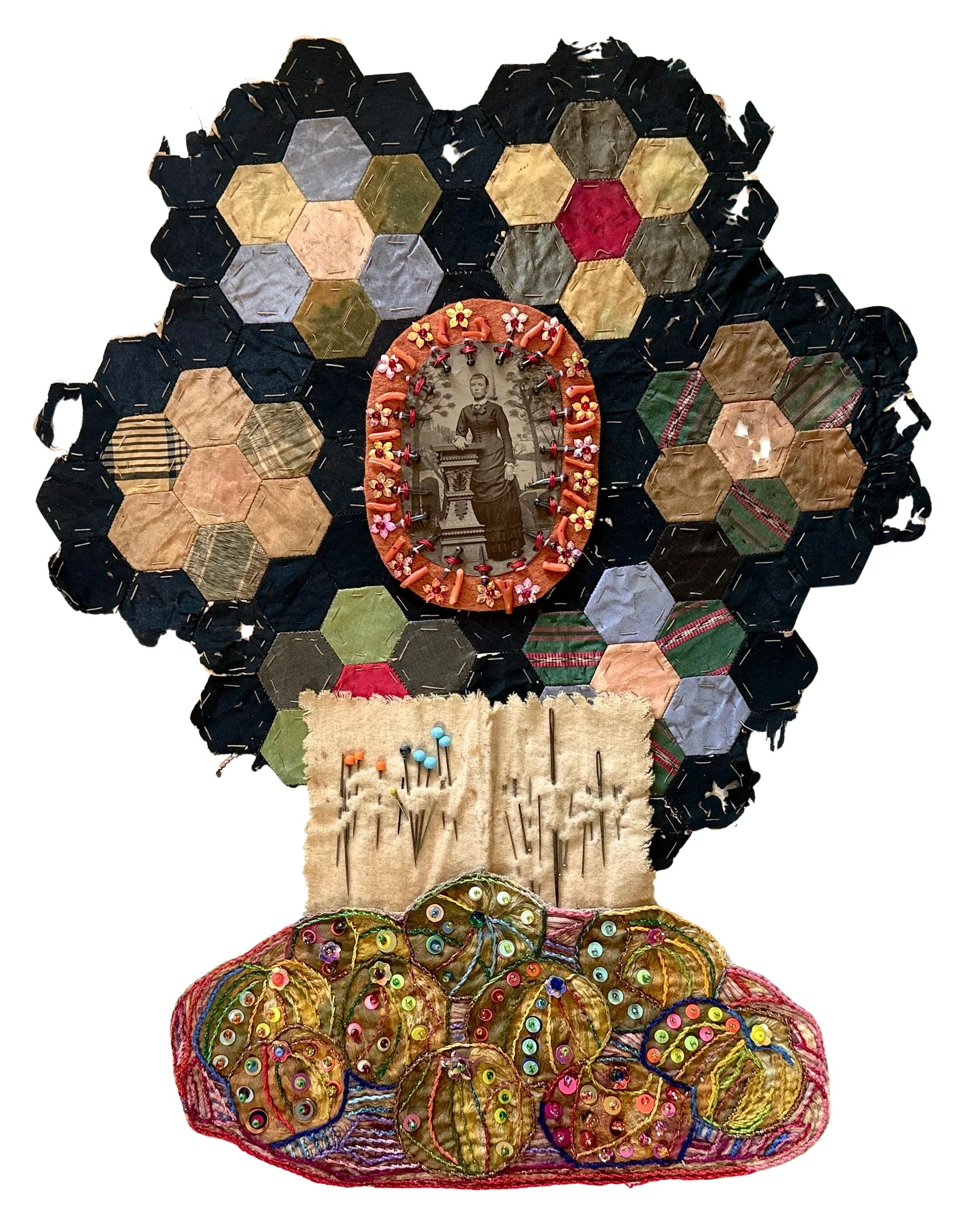 Pierced, 2026, repurposed quilt, felt, tintype, found object, inkjet, thread, sequins, beads on 4ply mat board, 20 x 16 in